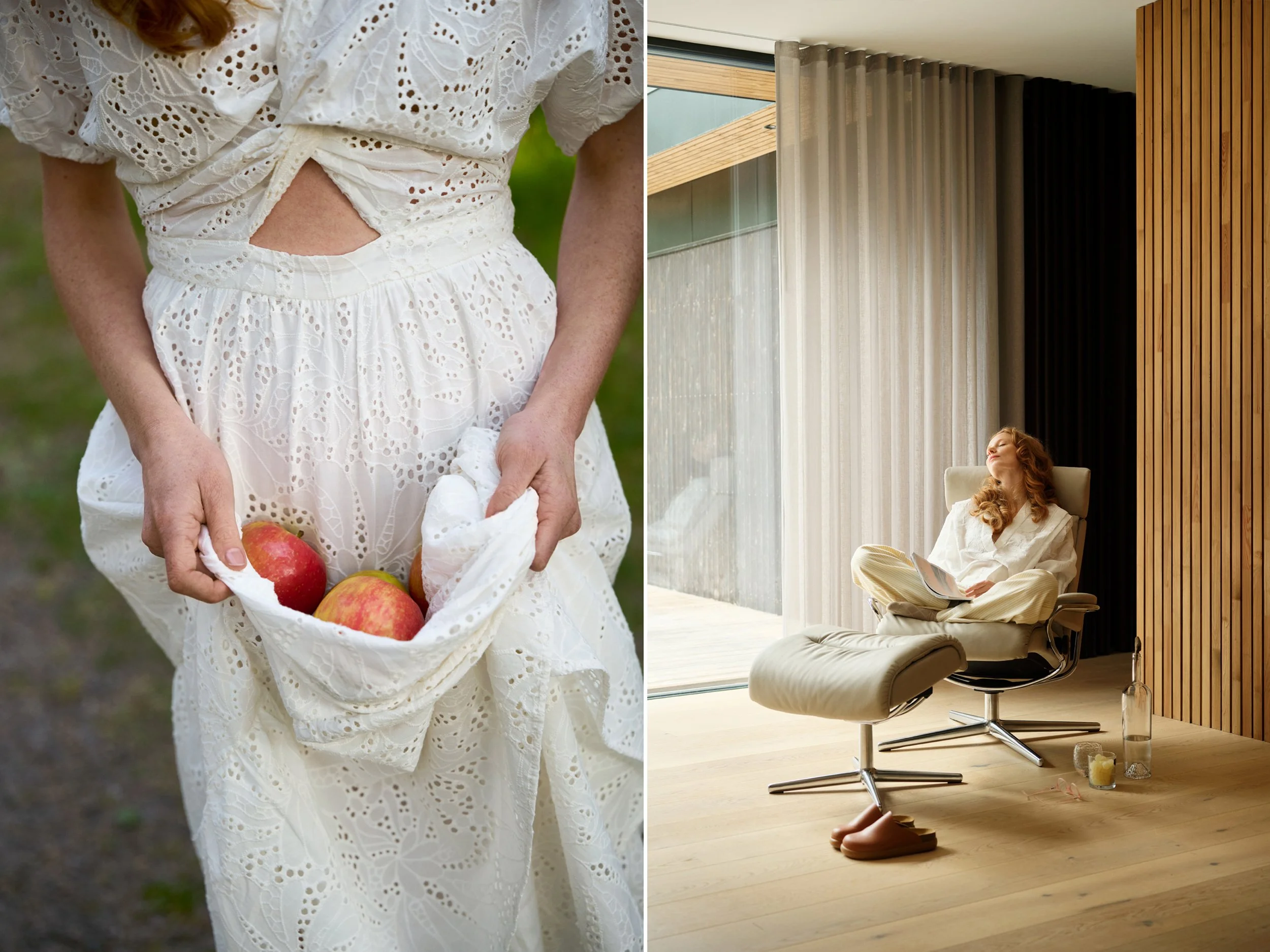 Left: Person holding apples in dress, close-up detail of everyday moment
Right: Woman seated in lounge chair indoors, resting in calm environment