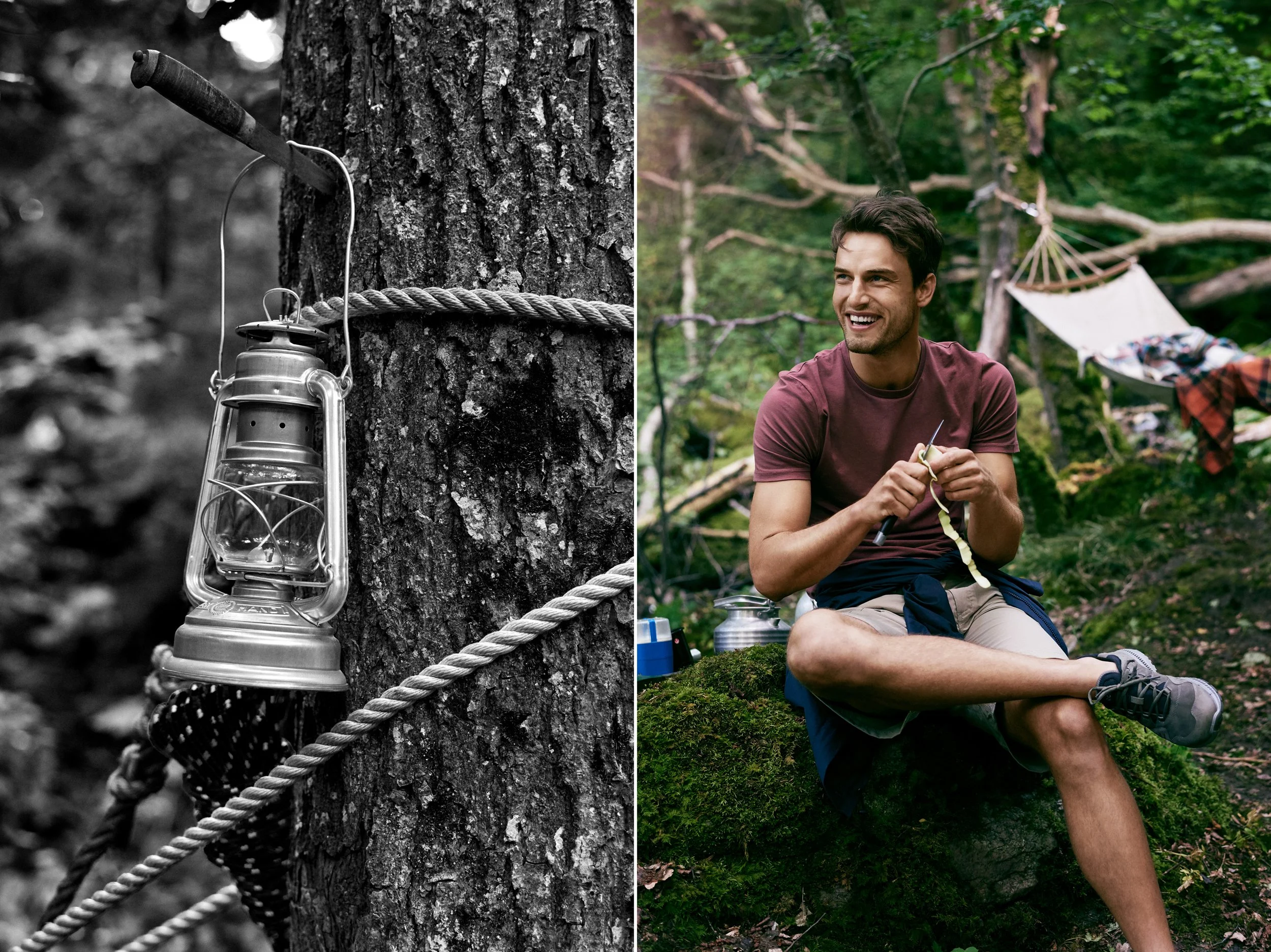Left: Lantern hanging from tree in forest — Right: Man sitting on rock preparing food in outdoor setting