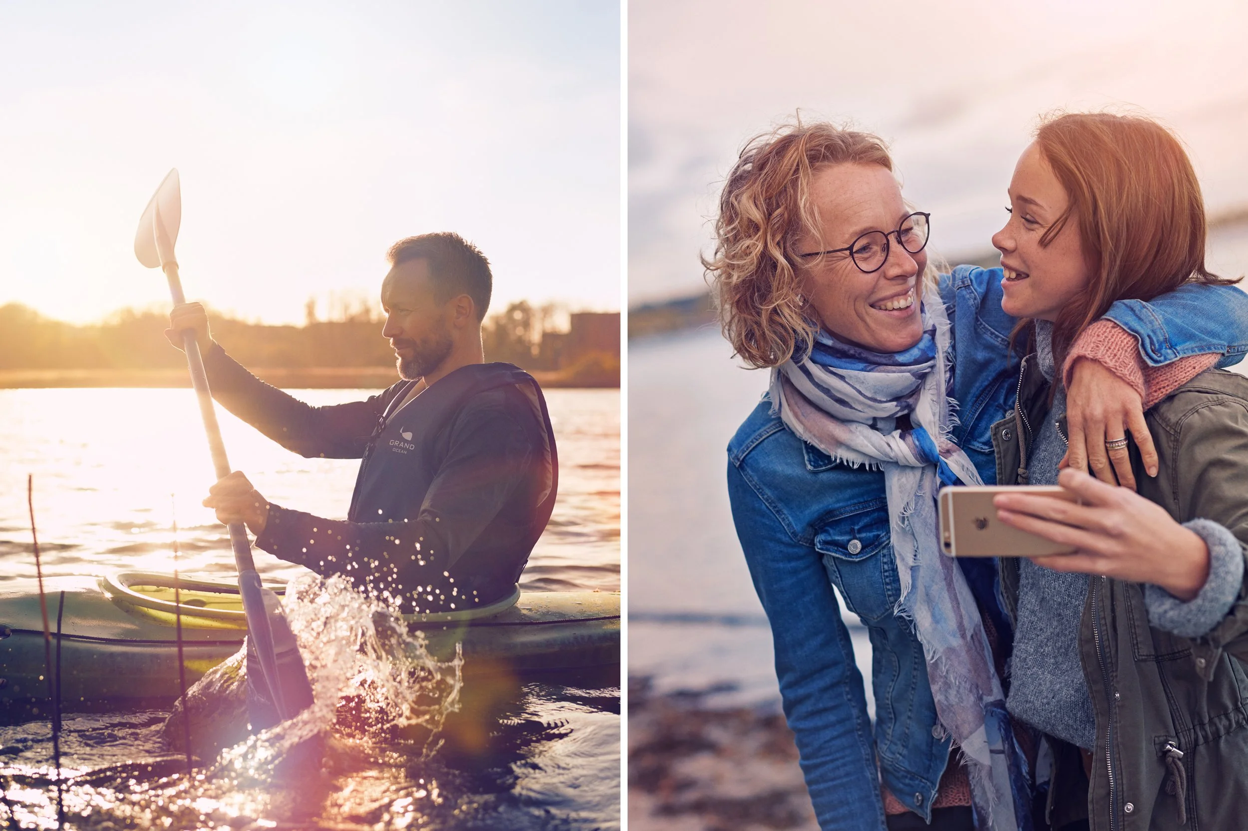 Left: Person in kayak not far from shore an active outdoor moment
Right: Two people taking selfie by water, social interaction in leisure setting