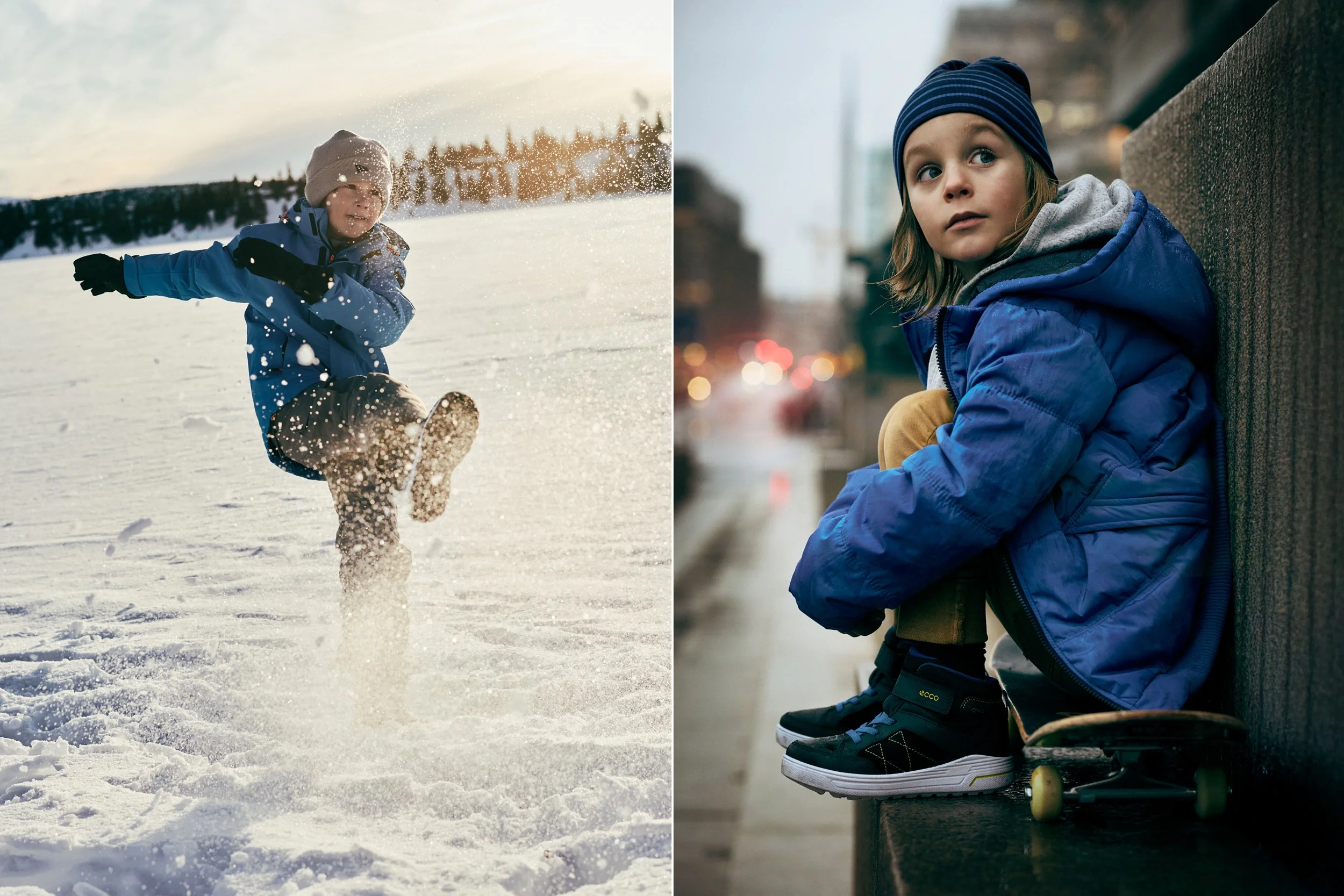 Left: Child kicking snow in winter landscape, outdoor play — Right: Child sitting with skateboard in urban environment, city moment