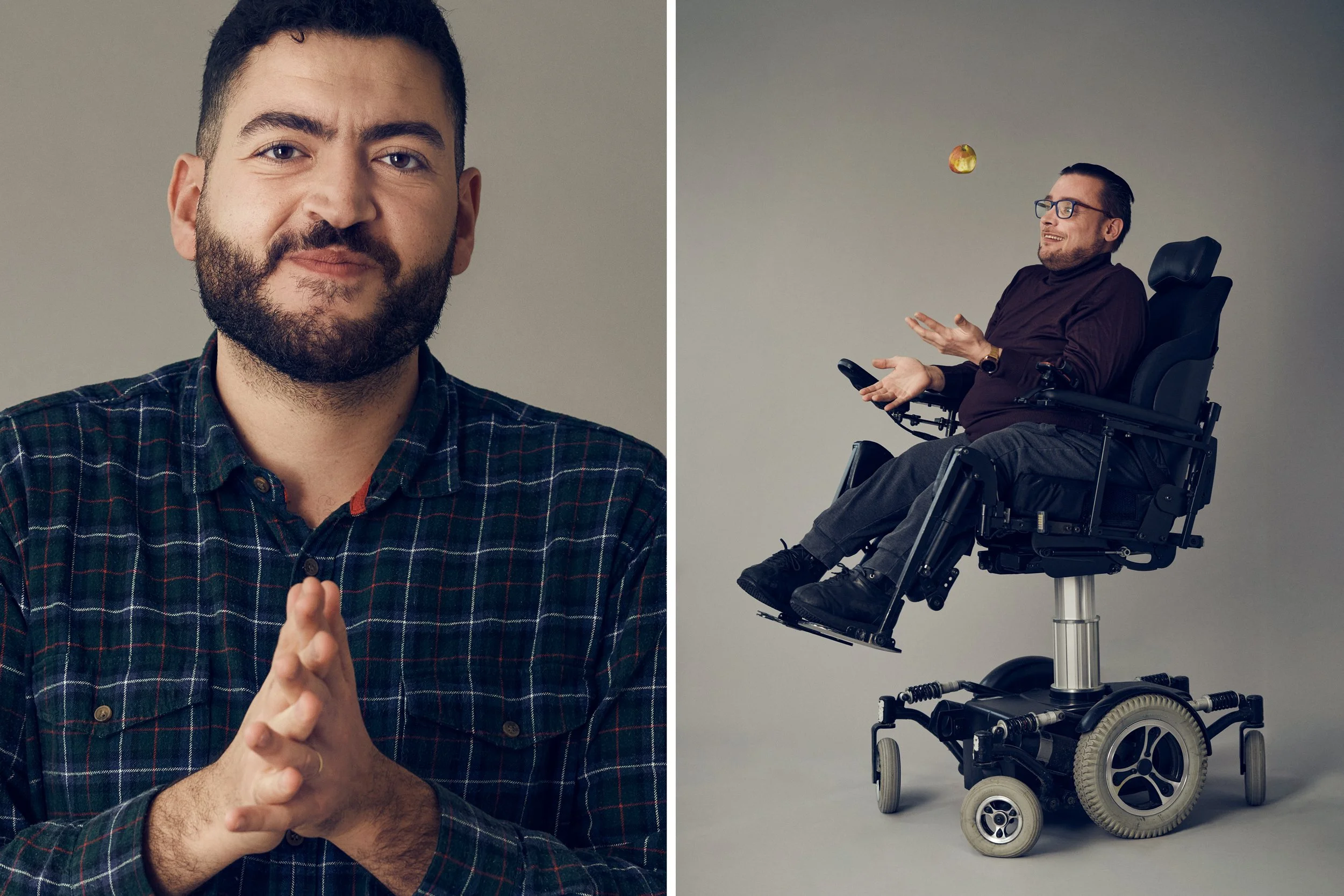 Left: Portrait of man using sign language, looking into camera, close-up expression
Right: Man seated in powered wheelchair, tossing an apple in the air against neutral background