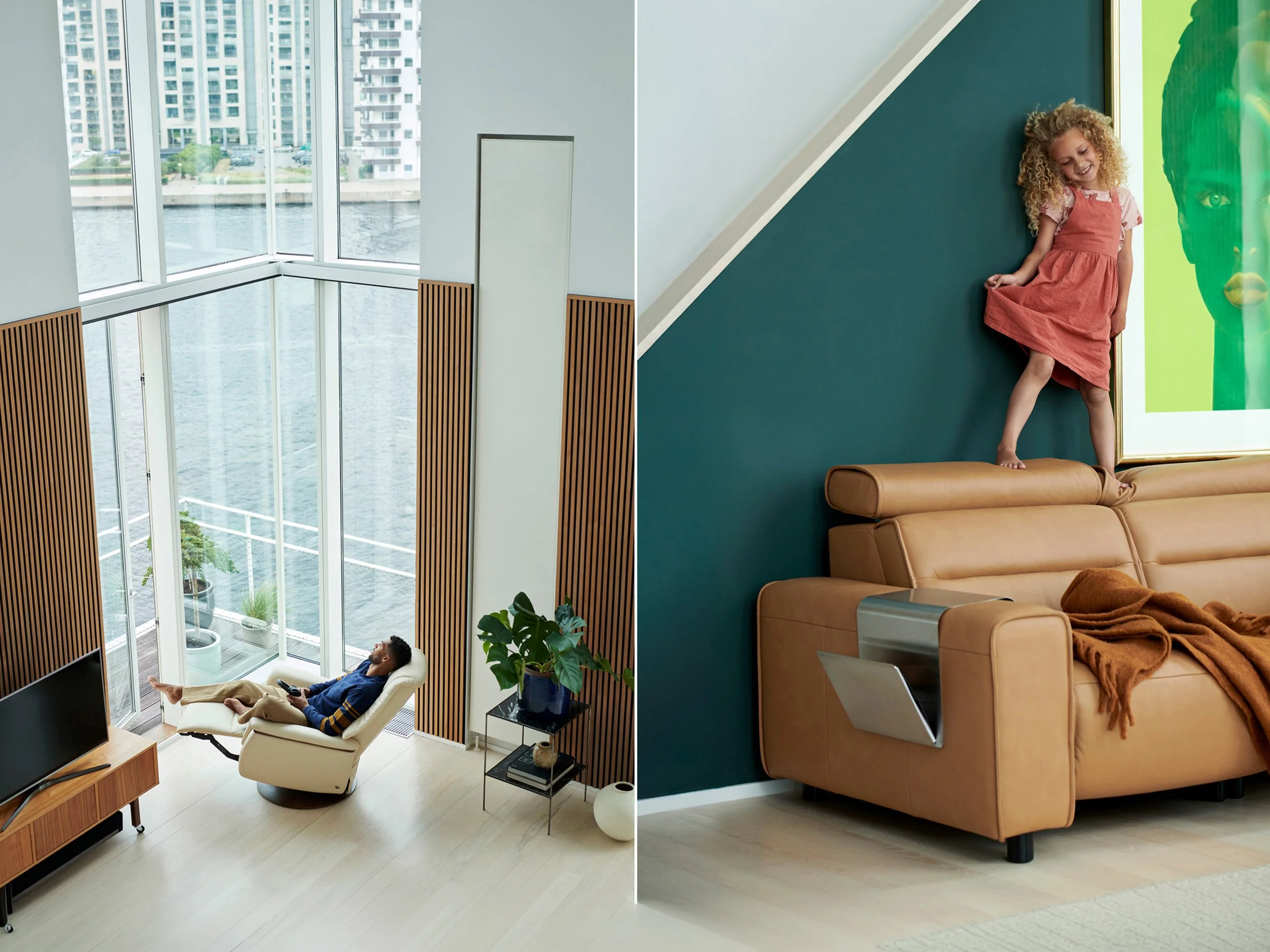 Left: Person reclining in chair by large window overlooking water
Right: Child standing on sofa, playful indoor moment