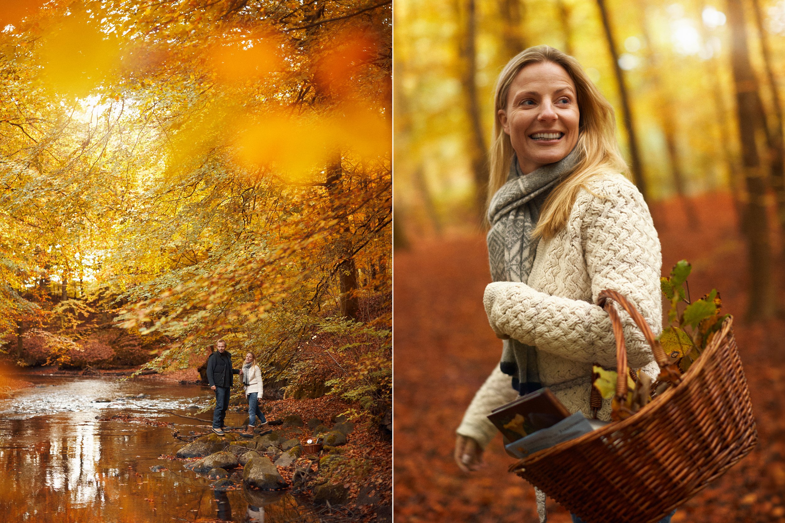 Left: Two people walking along forest stream in autumn, seasonal landscape
Right: Woman carrying basket in forest, outdoor activity