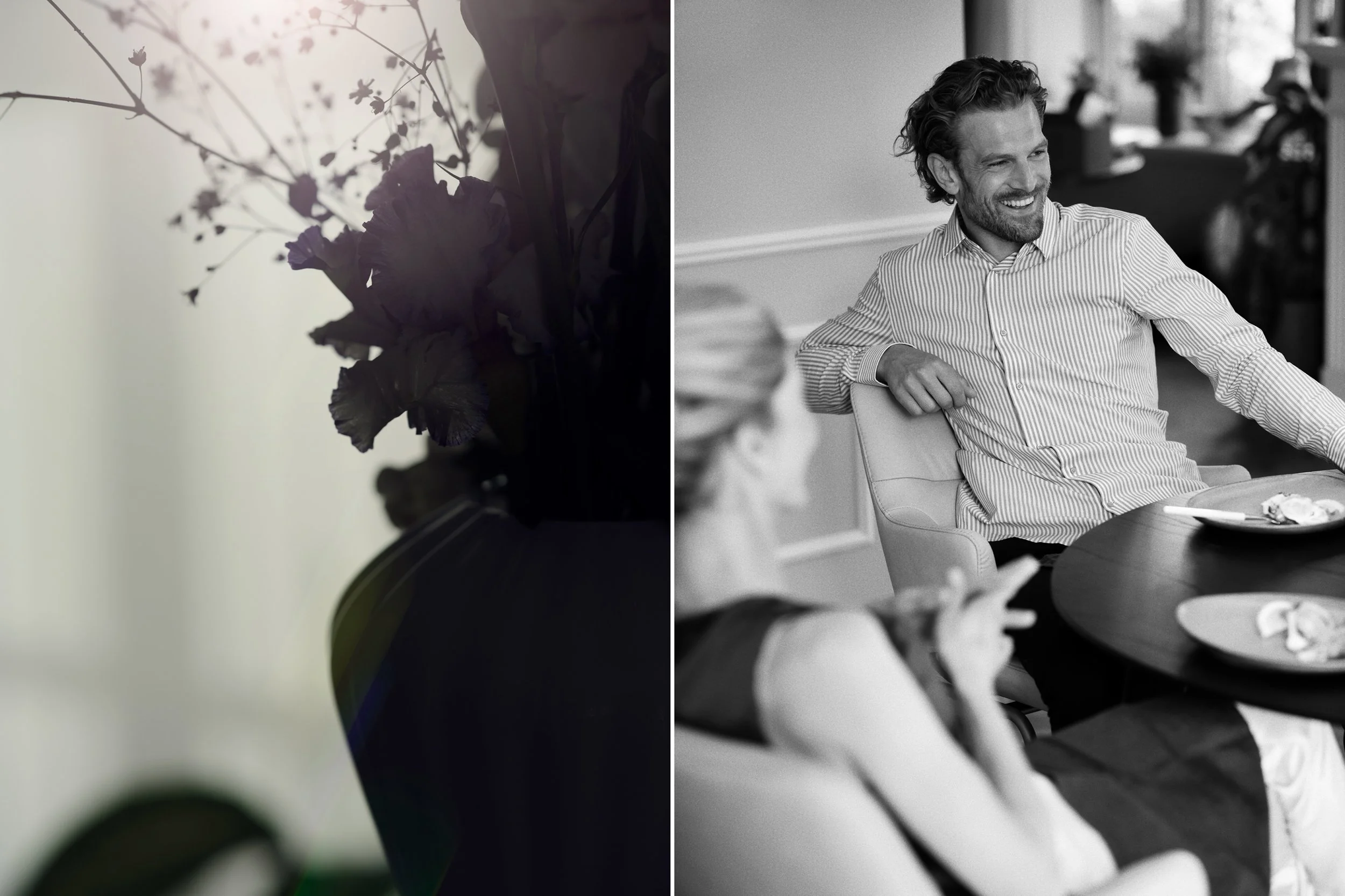 Left: Vase with flowers in soft light, still life detail
Right: Man sitting at table smiling during conversation, relaxed social moment
