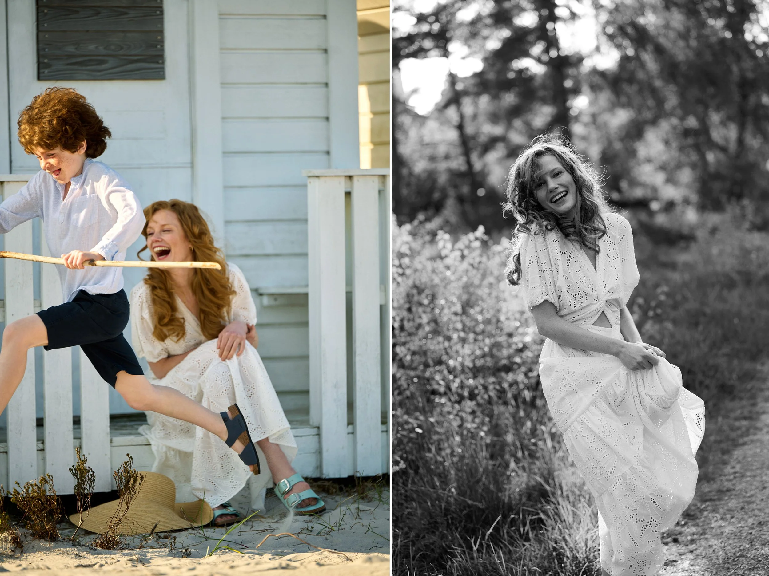 Left: Child playing with stick near porch, active moment outdoors
Right: Woman walking in nature wearing light dress, soft outdoor portrait