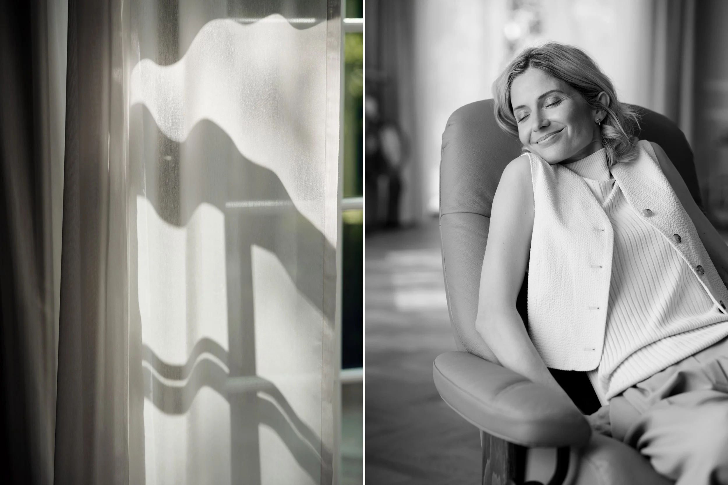 Left: Light and shadow patterns on curtain in daylight
Right: Woman resting in chair with eyes closed, calm indoor moment
