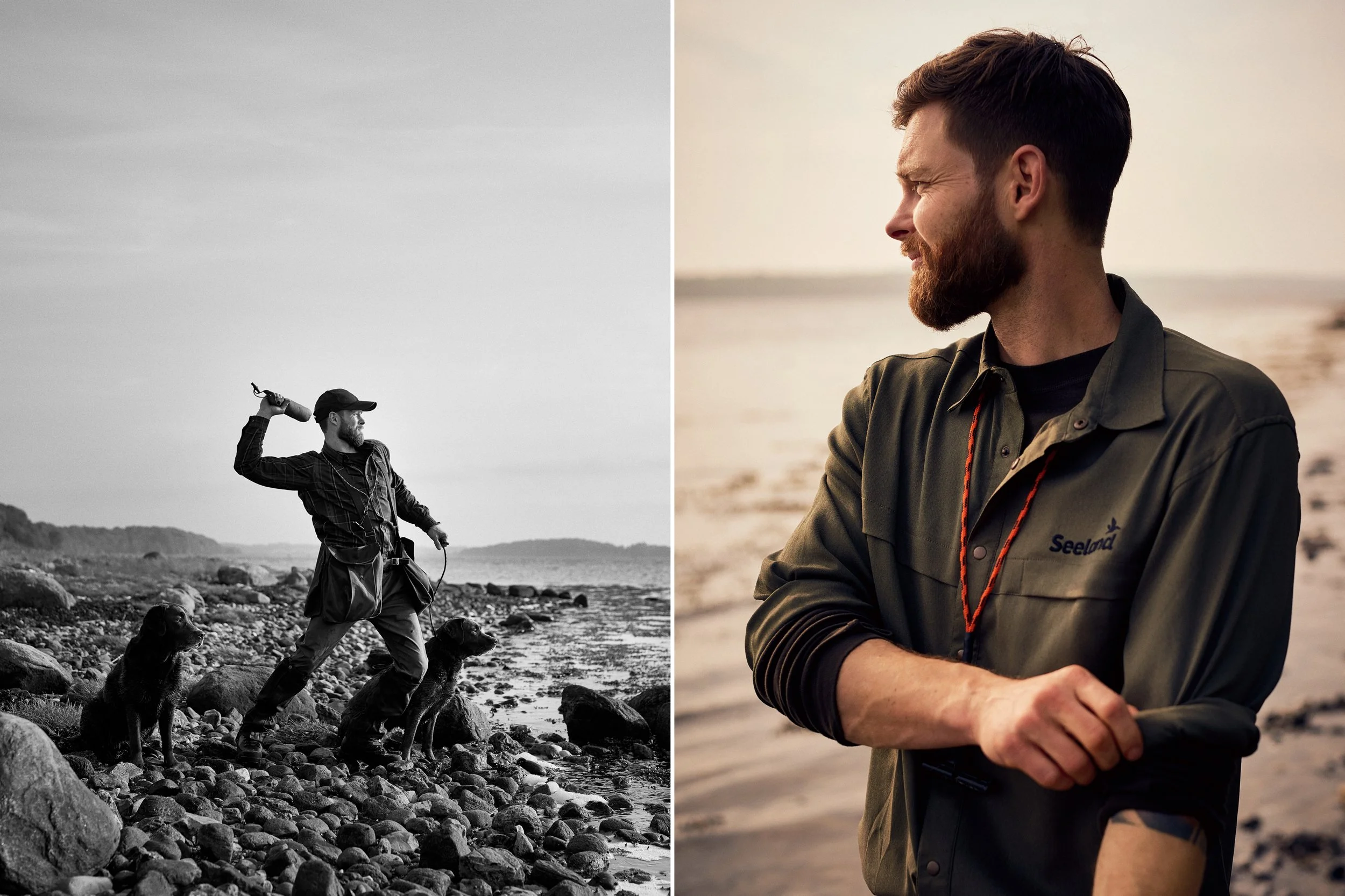 Left: Man throwing object along rocky shoreline with dogs, active training moment
Right: Portrait of man standing by coast adjusting sleeve, calm outdoor portrait