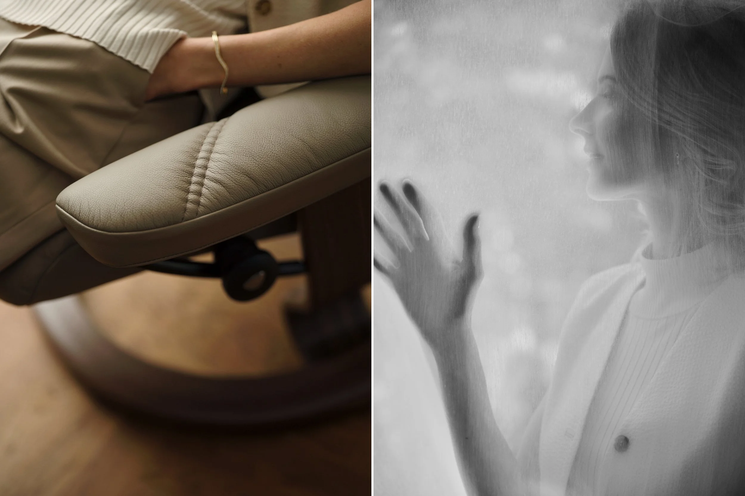 Left: Close-up of chair armrest and hand, material and texture detail
Right: Woman behind curtain touching fabric, soft light and silhouette