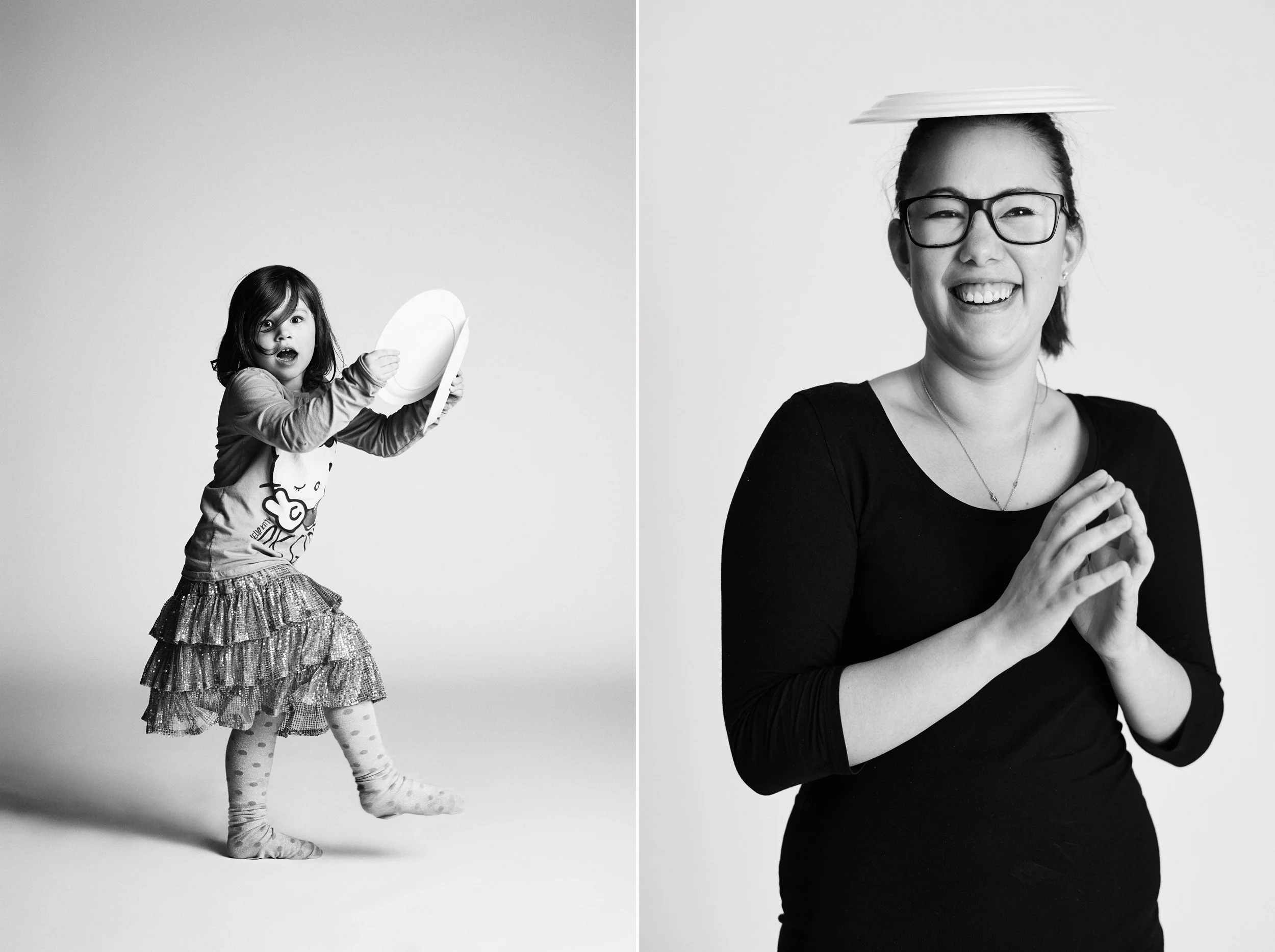 Left: Child holding plate mid-action, dynamic pose
Right: Woman balancing plate on head, smiling expression