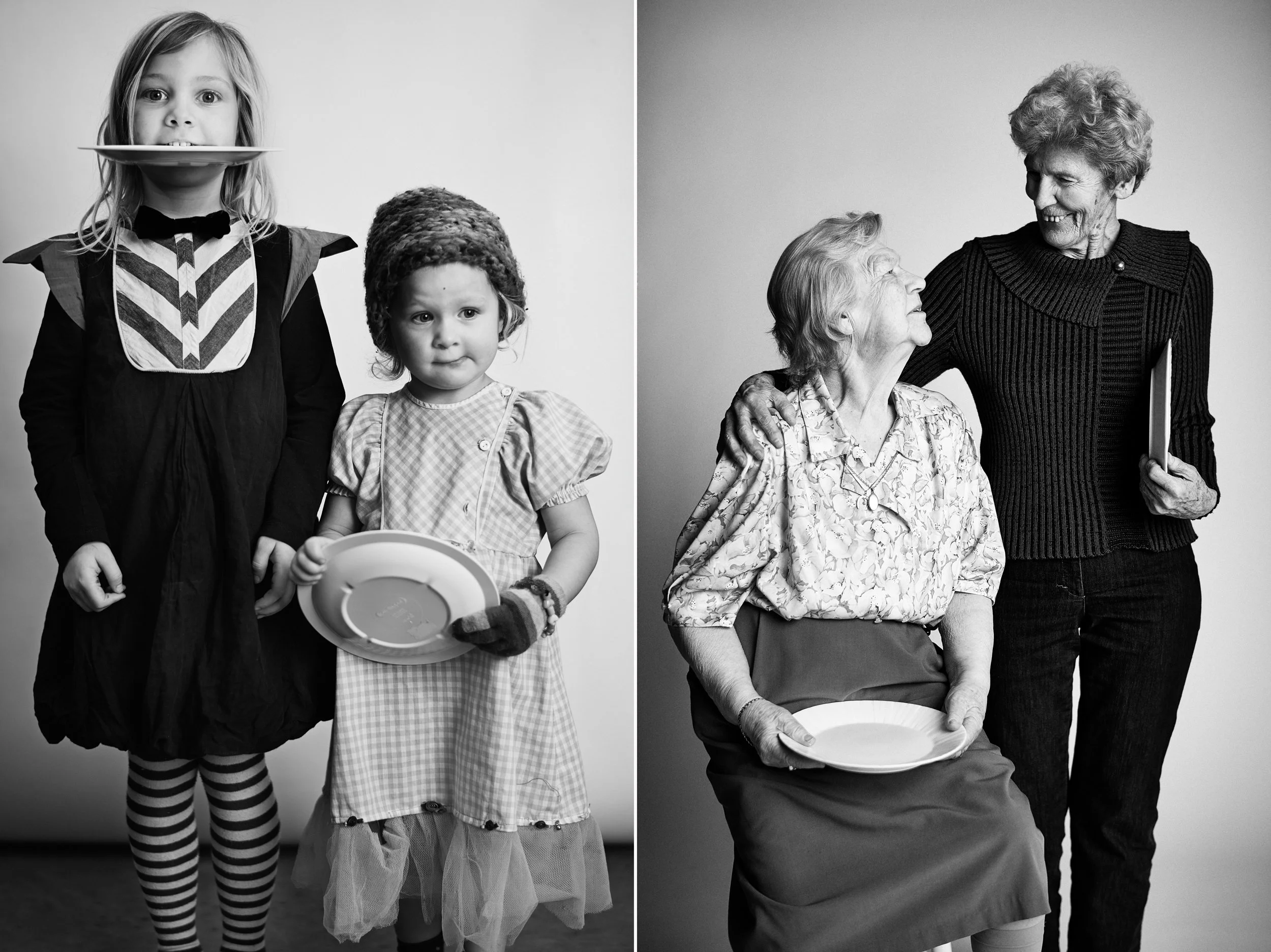 Left: Two children holding plates, one balancing plate on mouth
Right: Two older women standing together holding plate, close interaction