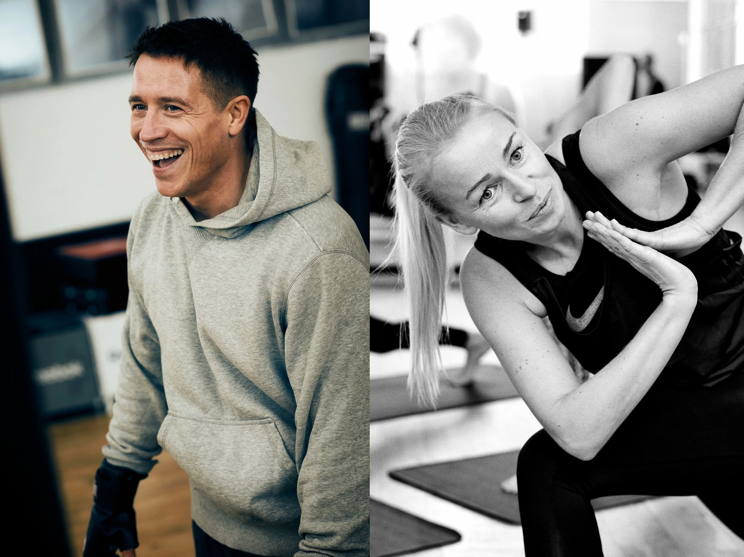 Left: Man laughing during workout, social gym moment — Right: Woman stretching during yoga training, focused movement