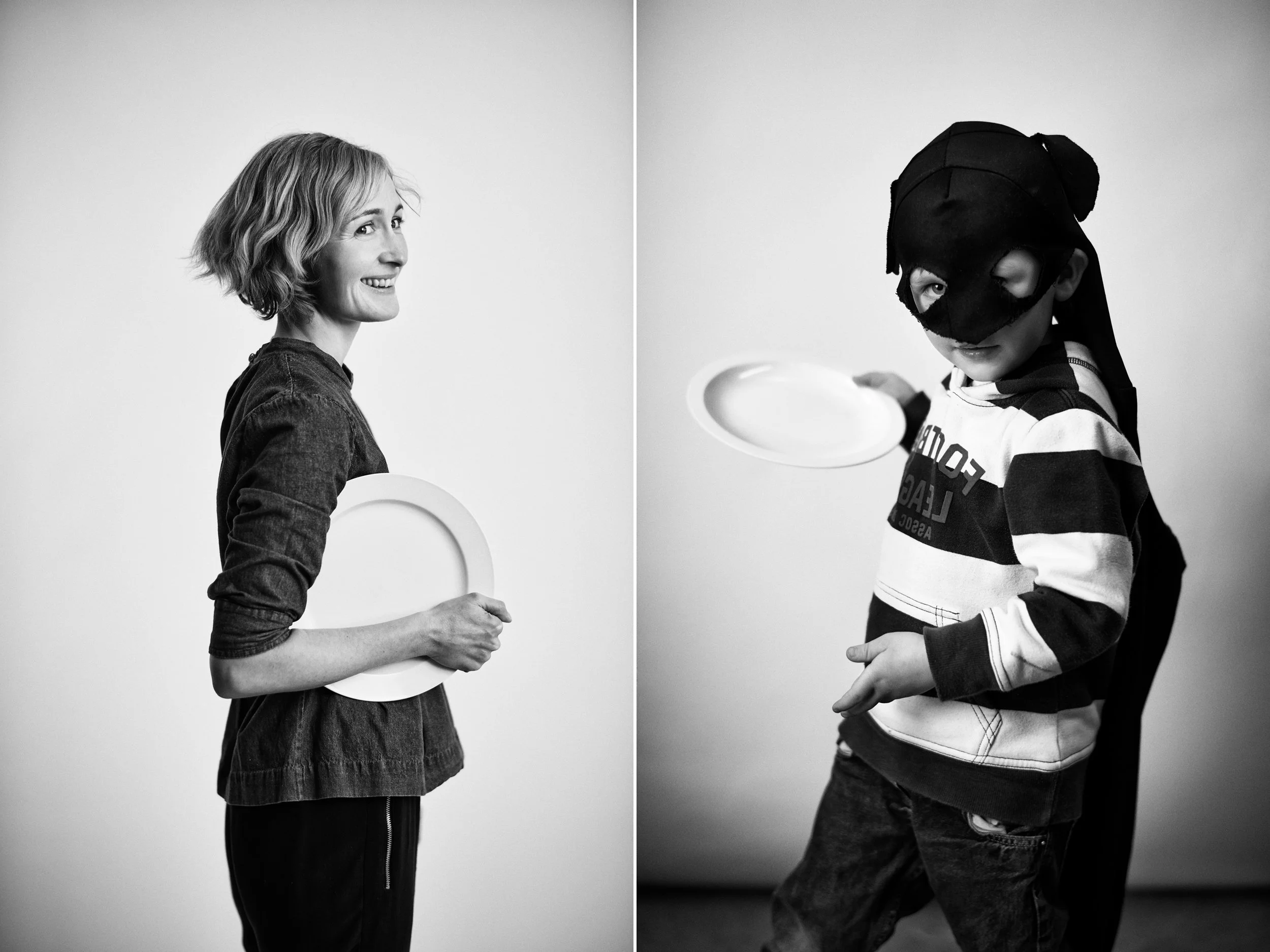 Left: Woman holding plate at side, smiling profile portrait
Right: Child wearing mask holding plate, playful pose