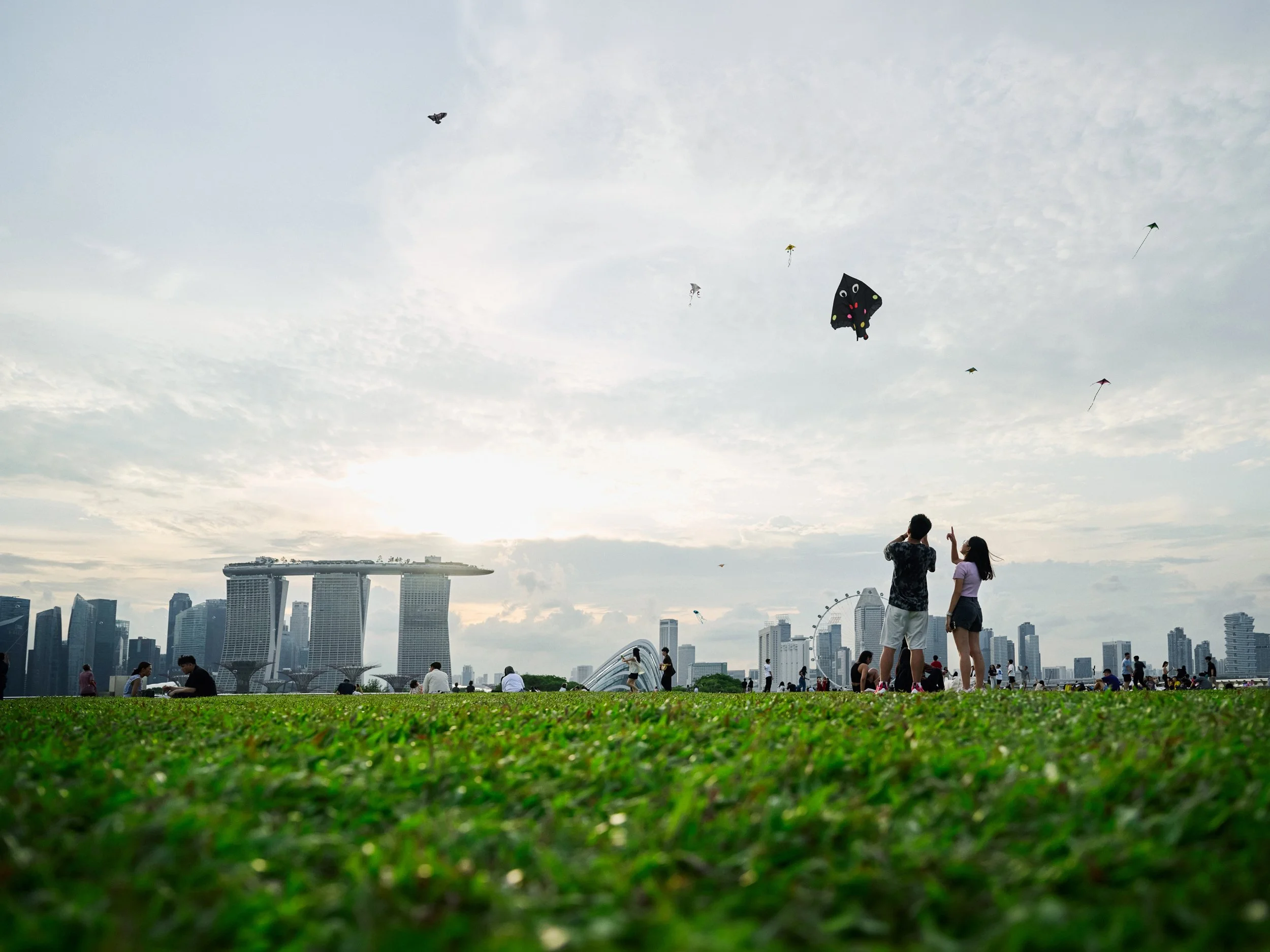 People flying kites in large urban park with Singapore city skyline in background