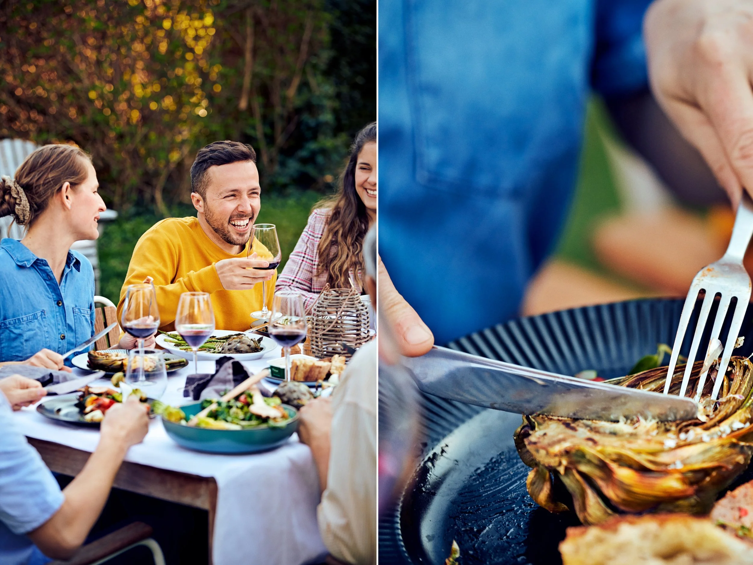 People dining together outdoors, shared meal and food moment