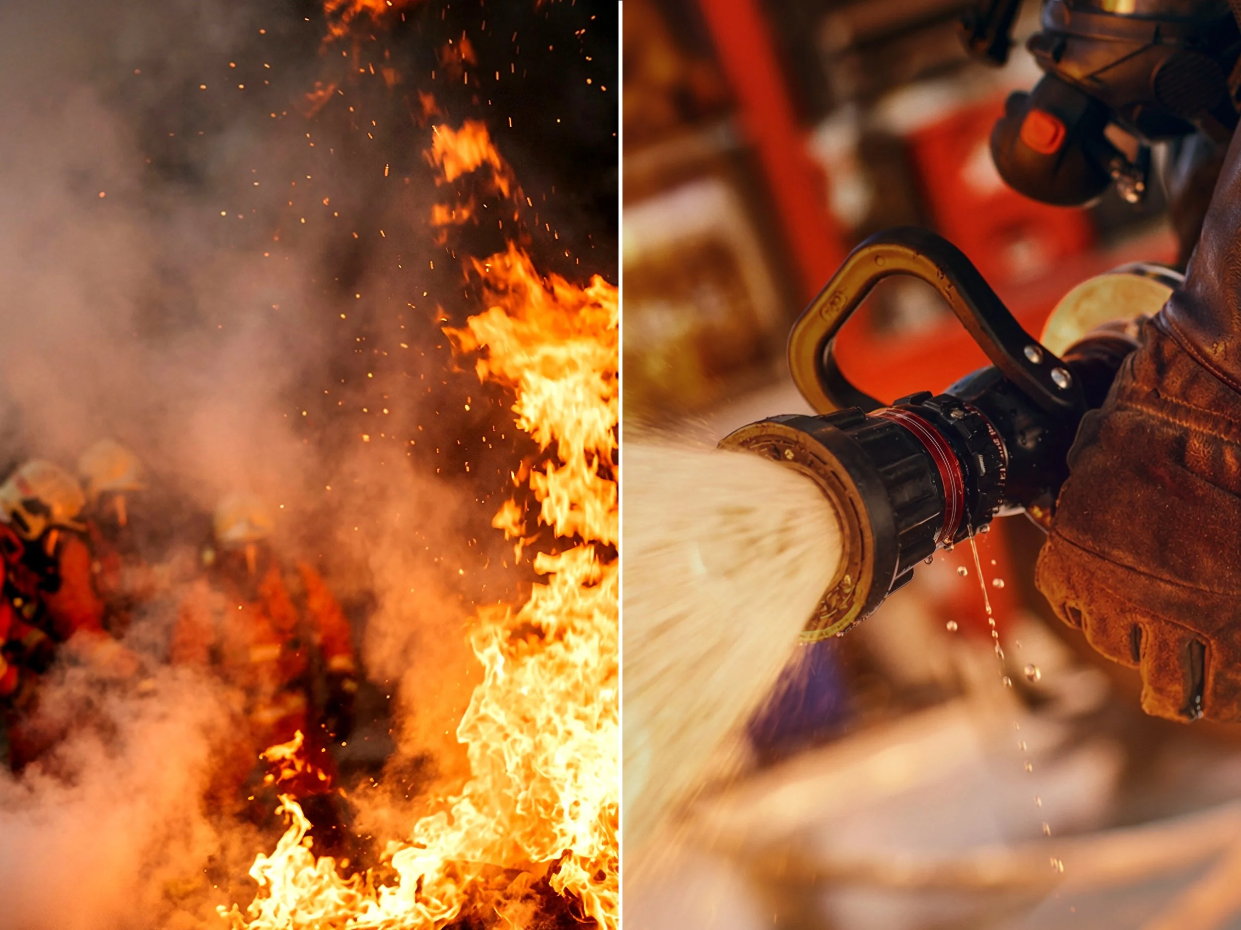Firefighter using hose to control fire, close-up of water and flames in action