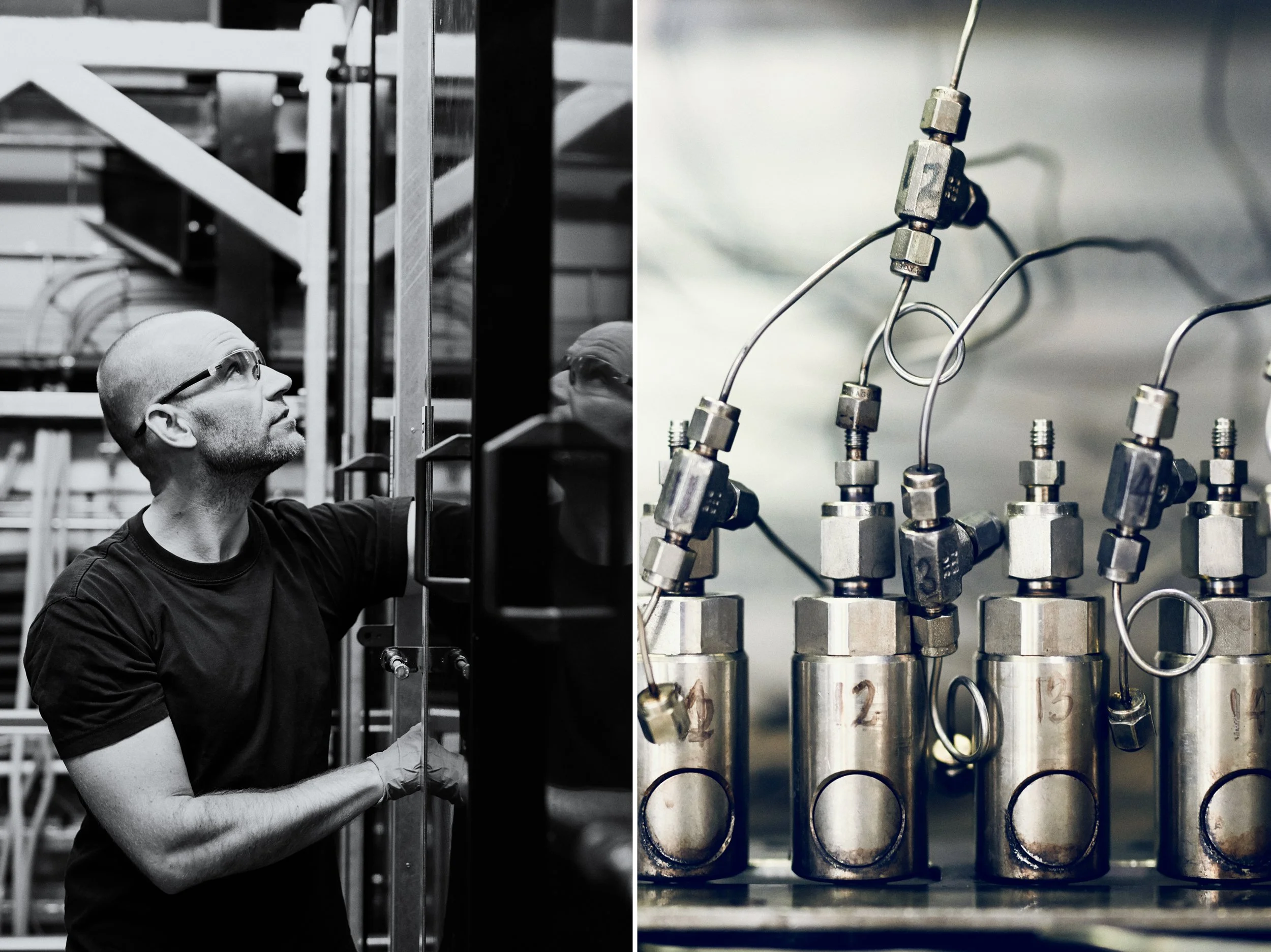 Split image with technician working on industrial equipment on left and close-up of connected components on right