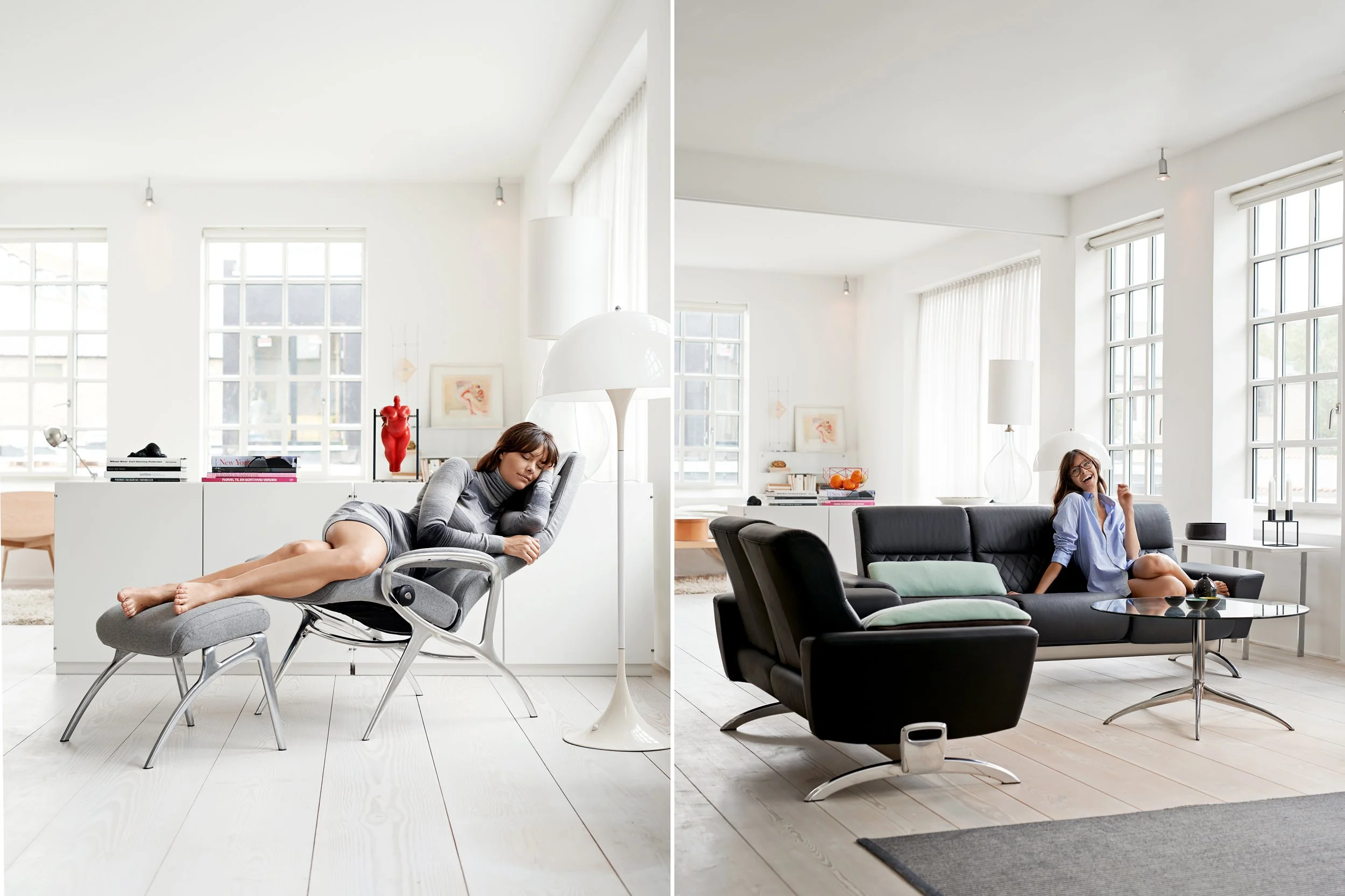 Left: Woman resting in lounge chair with footstool, relaxed posture
Right: Woman seated on sofa in bright living room, casual moment