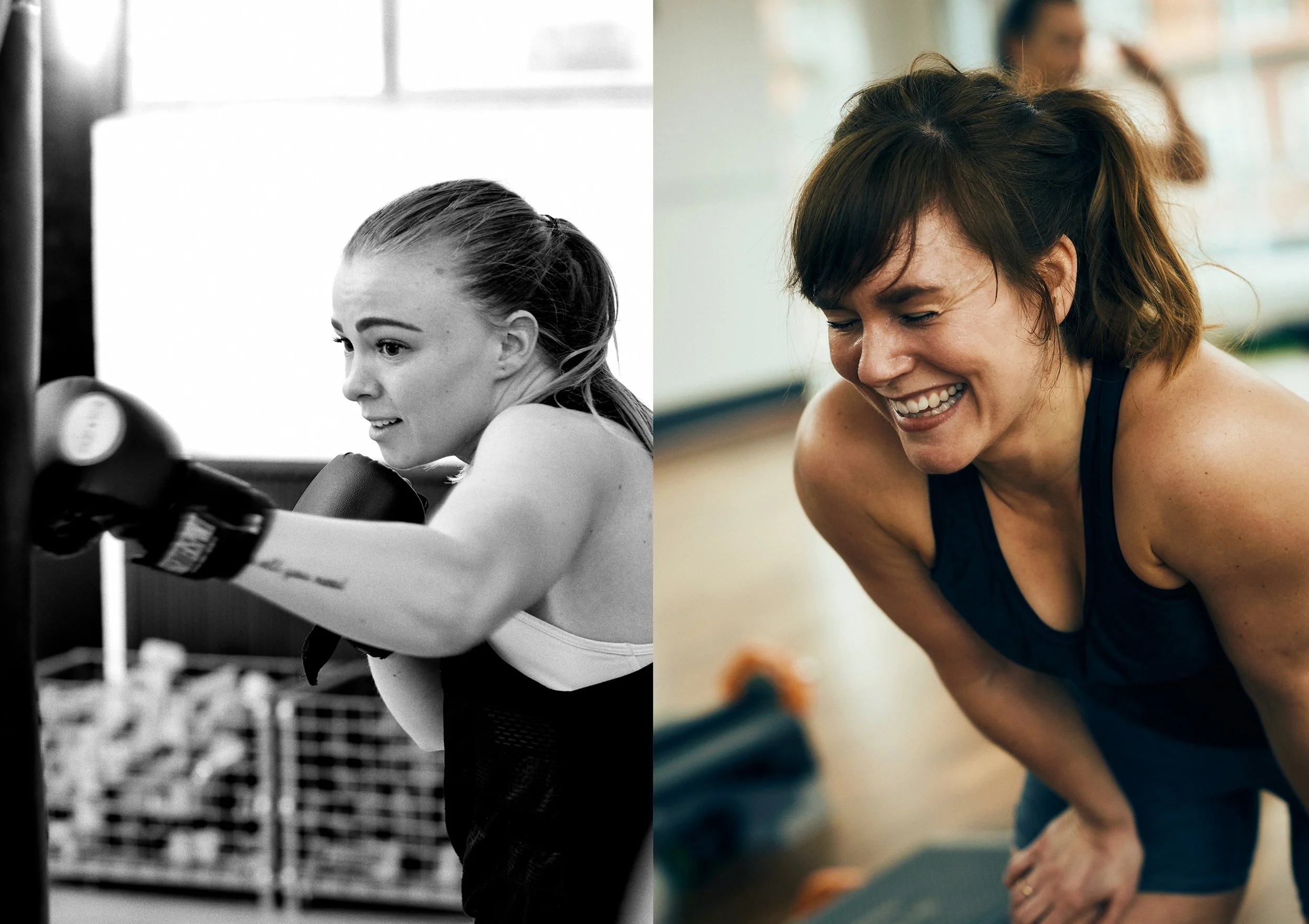 Left: Woman boxing with focus and intensity in gym — Right: Woman smiling during workout, relaxed training moment