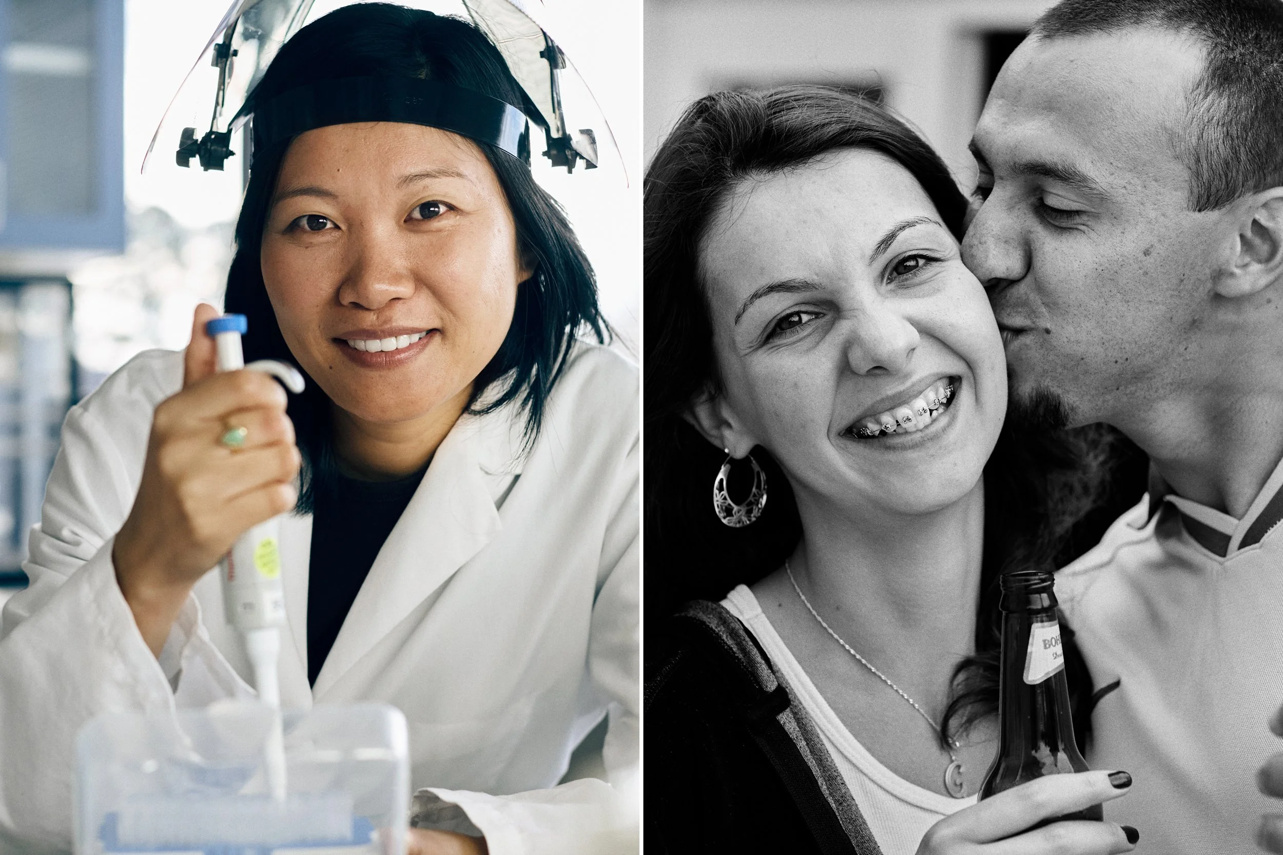 Scientist in laboratory and couple sharing moment, linking research to human experience