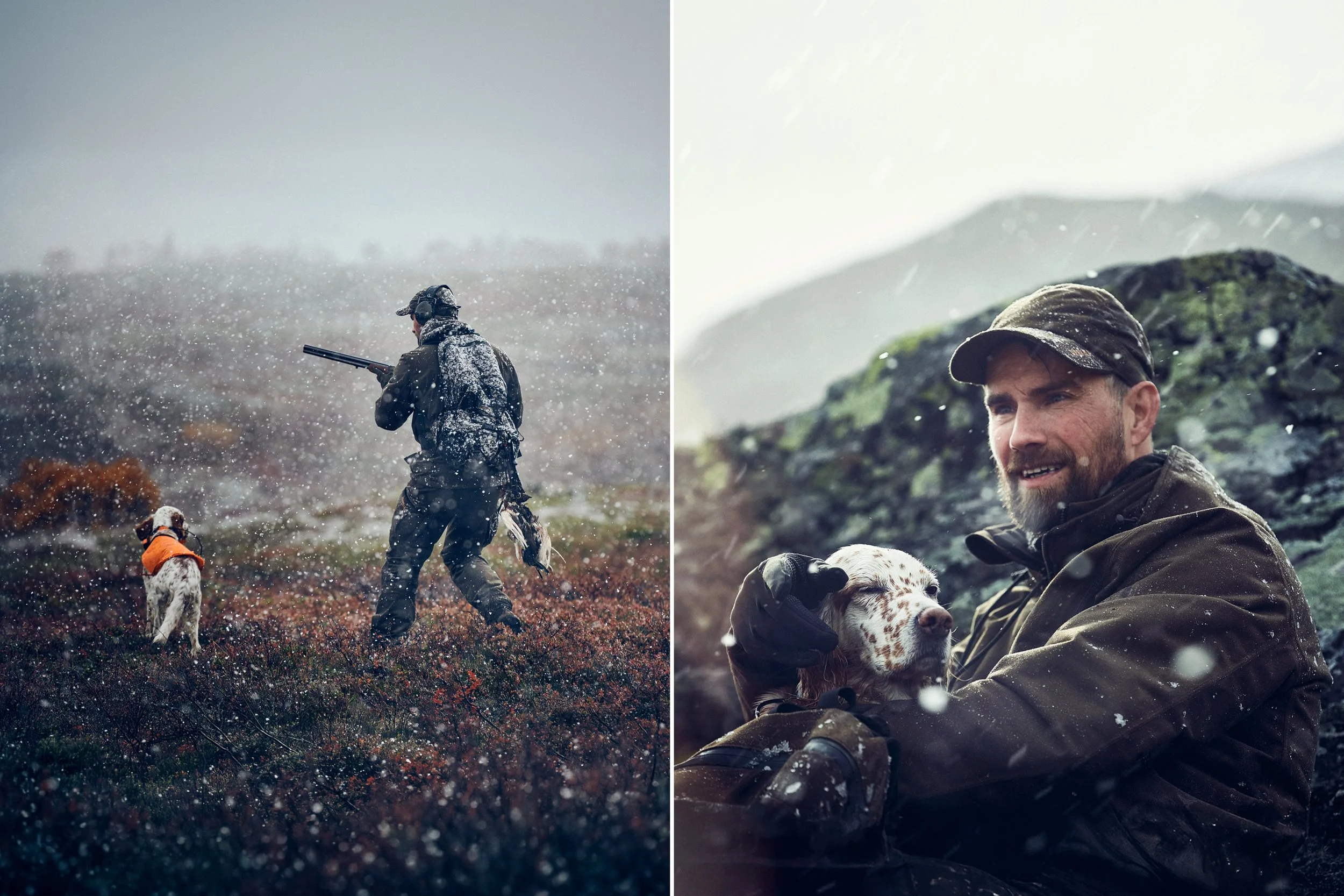 Left: Hunter standing in open landscape with dog, scanning terrain
Right: Hunter resting in field, natural portrait in outdoor environment