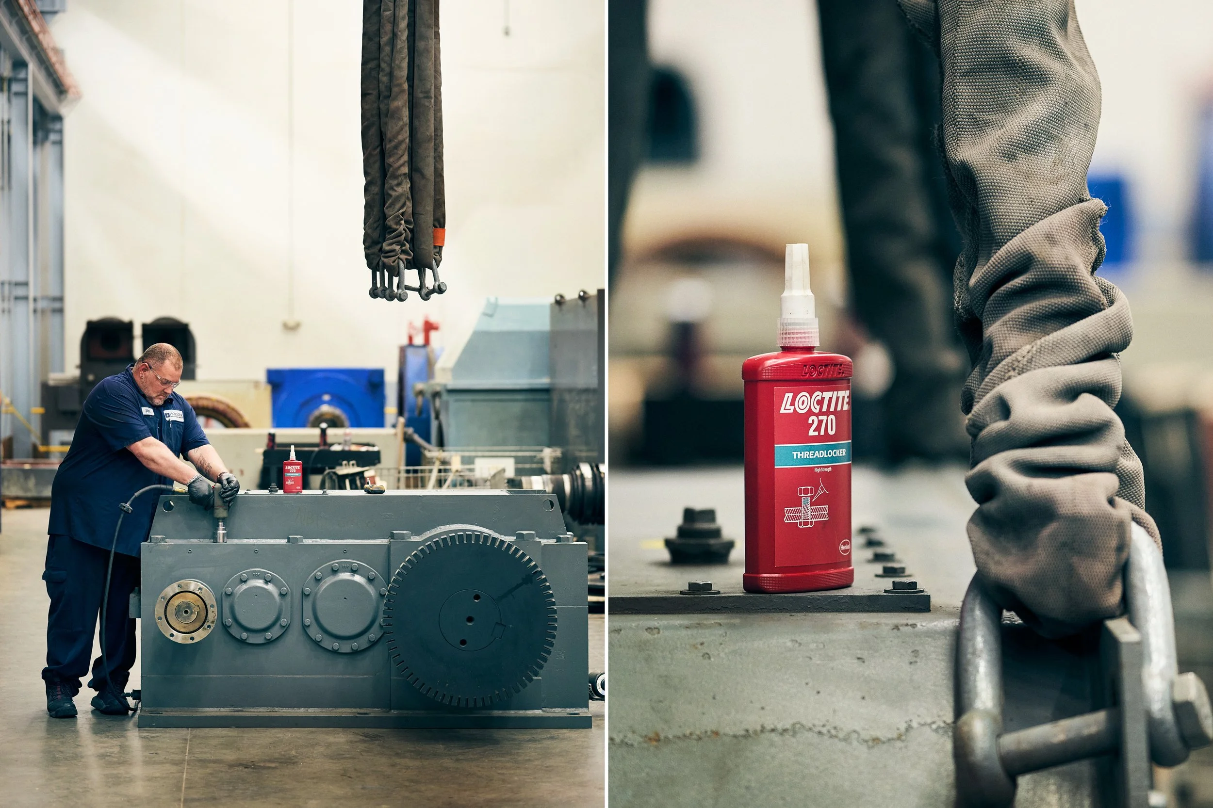 Worker operating large industrial machine and LOCTITE product on surface
