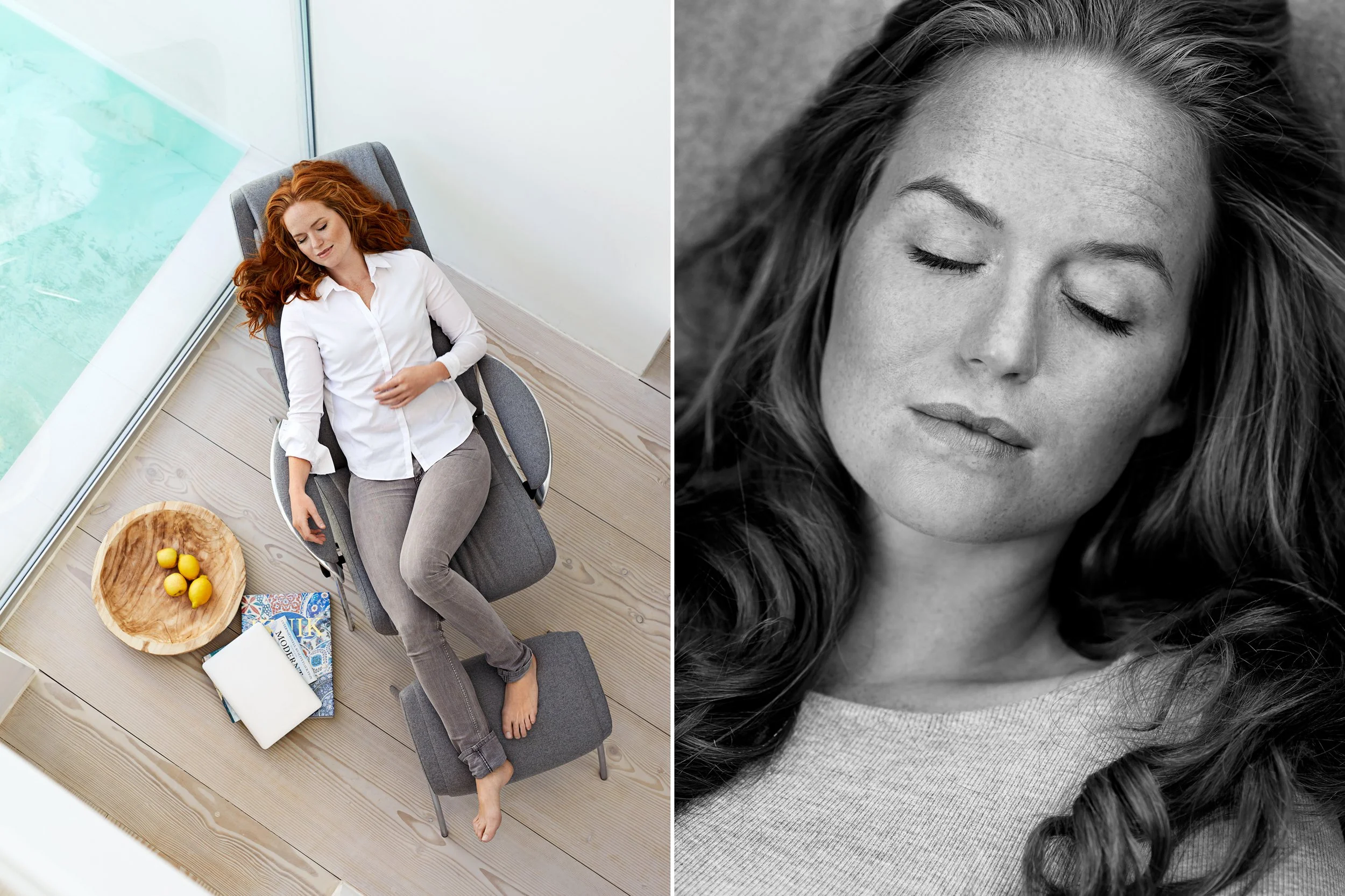 Left: Woman resting in lounge chair by window, relaxed indoor moment
Right: Close-up portrait of woman with eyes closed, calm expression