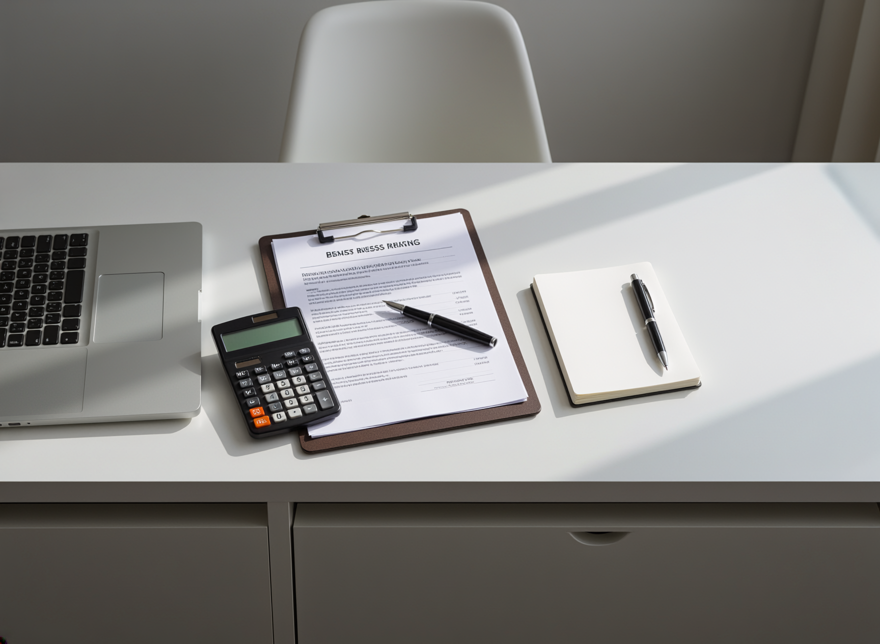 Firefly_Minimalist flat lay representing business services, including a laptop, clipboard wit 741870.png