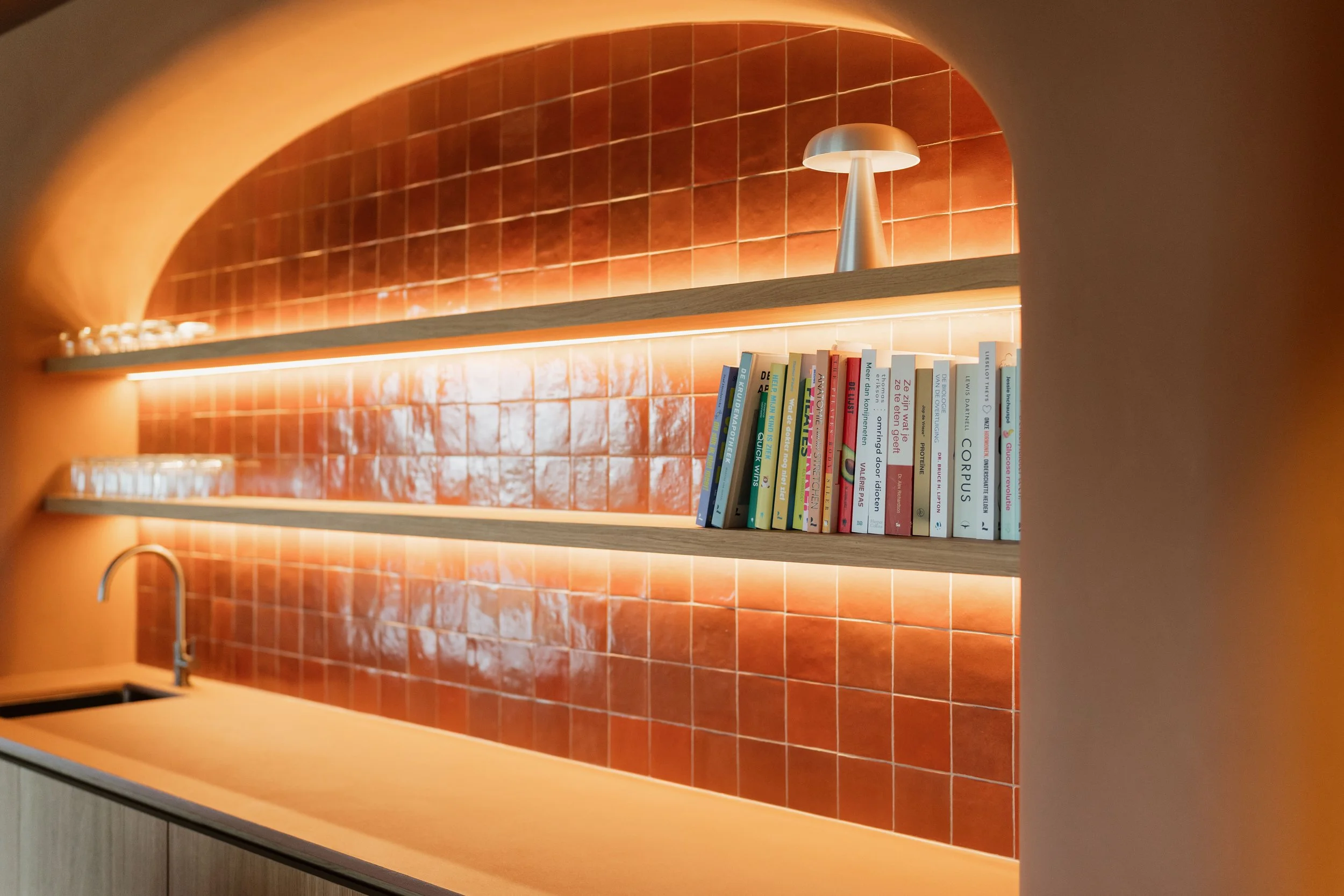 Shelves with books and a modern lamp, set against a warm red tiled wall, in a cozy interior space.