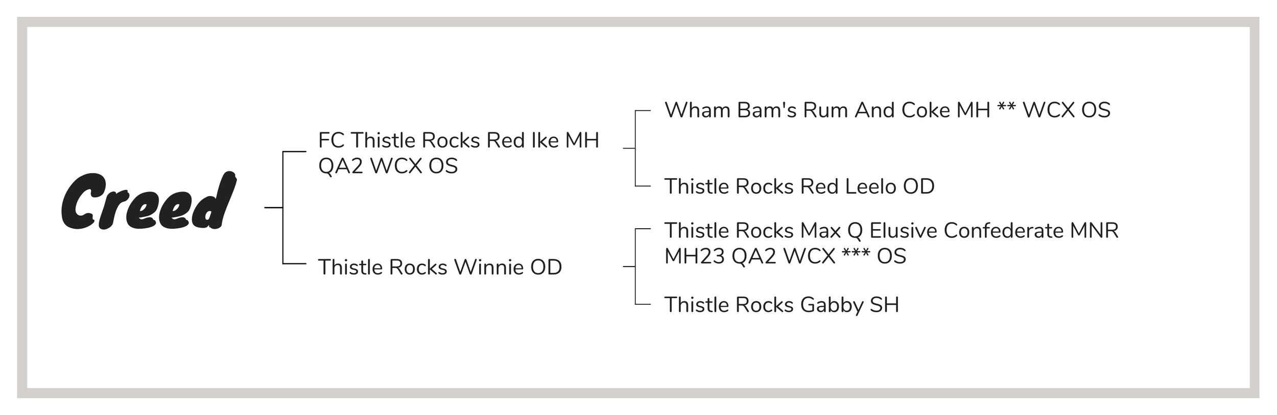 A family tree diagram with the title 'Creed' in bold, showing the lineage of 'Thistle Rocks Red Ike MH' and 'Thistle Rocks Winnie OD' with their descendants, including names and abbreviations.