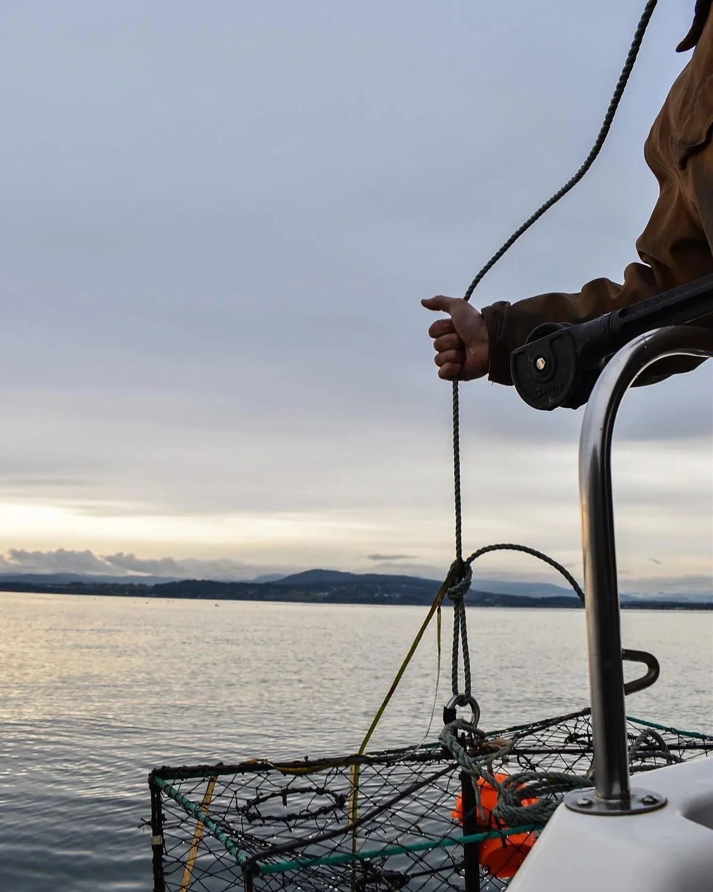 A person on a boat holding a rope over the water during overcast weather, with land in the distance.