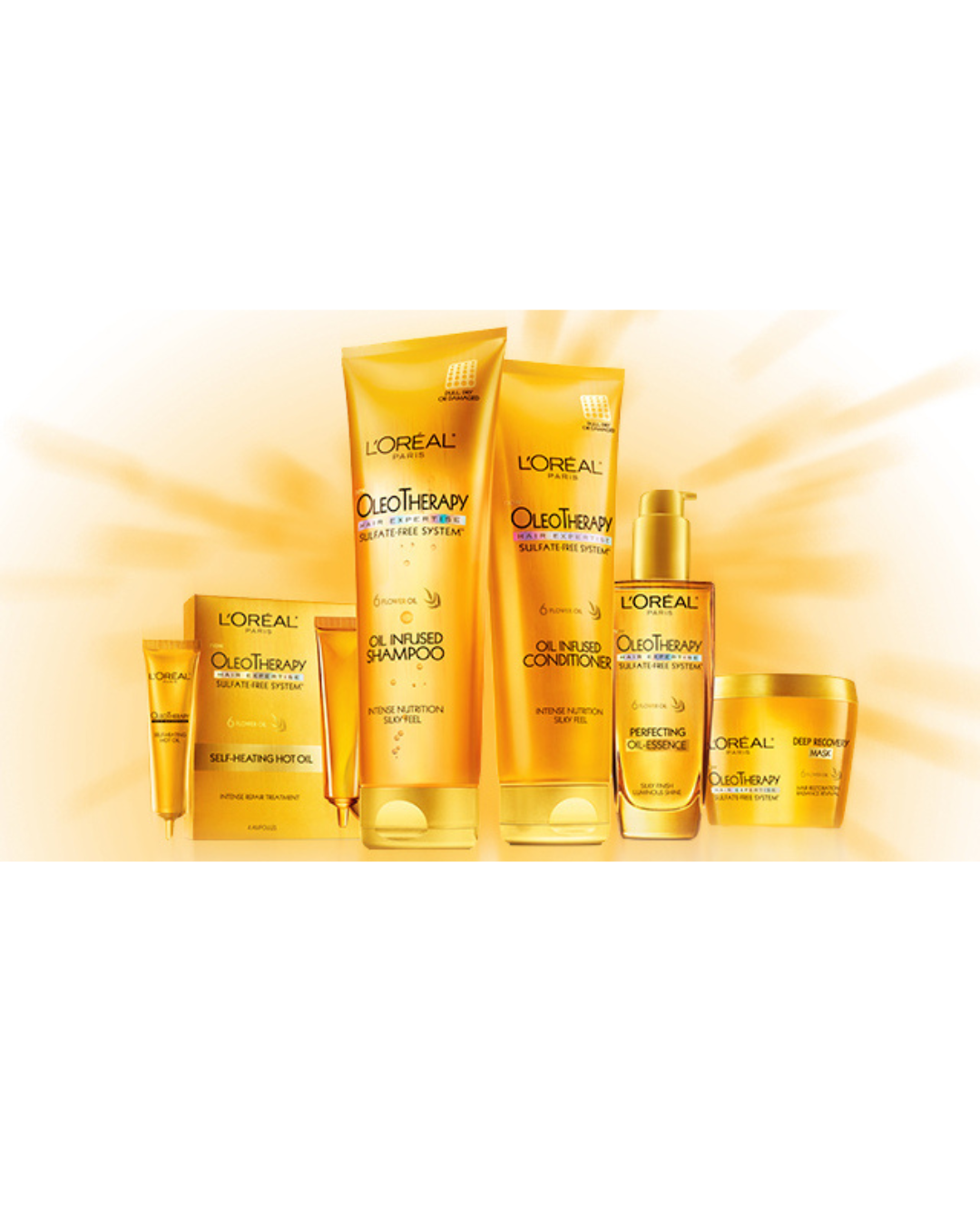 Collection of L'Oréal Paris Oleotherapy skincare products in gold packaging, including shampoo, conditioner, mask, and serums.