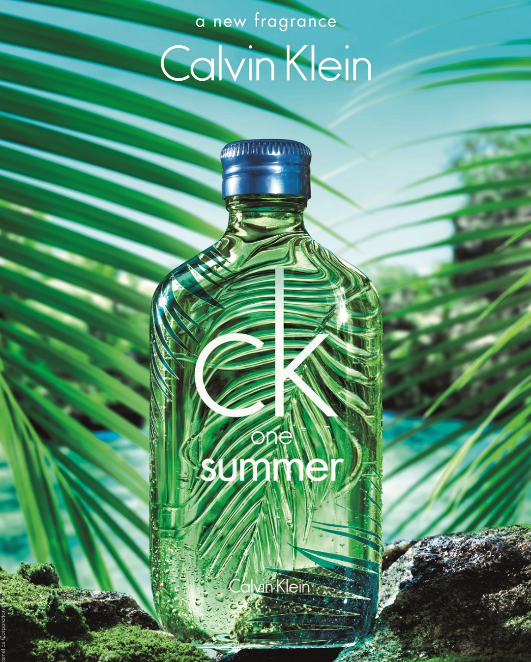 Calvin Klein Summer fragrance bottle with tropical leaves background