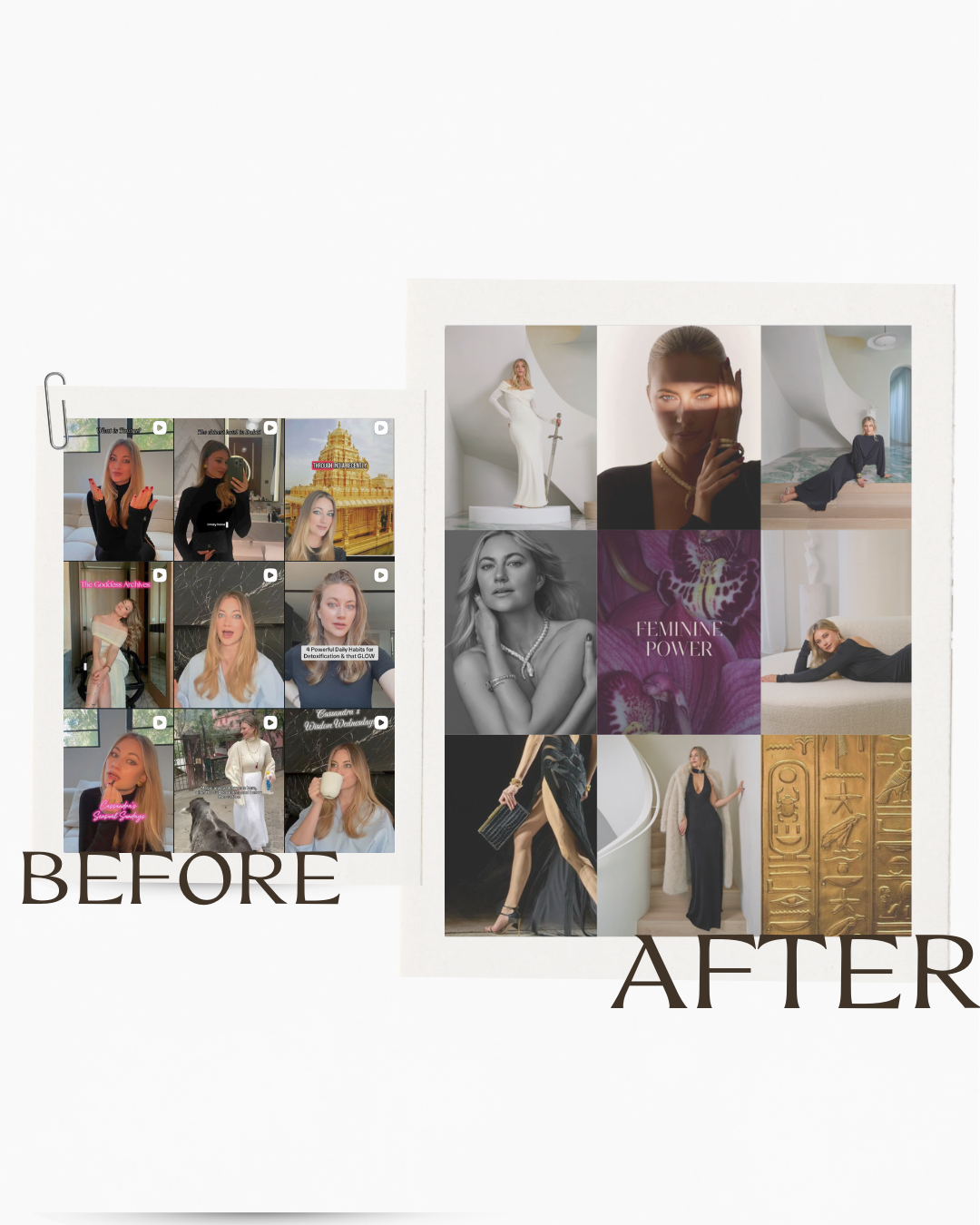 Comparison of social media content labeled 'Before' and 'After', showing a collection of personal photos, fashion, and lifestyle images.