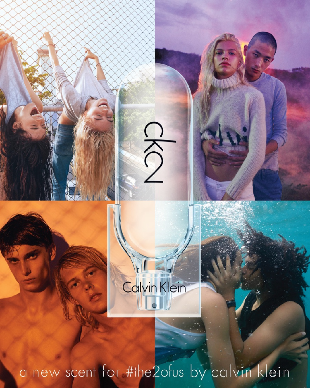 A collage of four scenes from Calvin Klein's 'the2fuse' advertisement, divided into quadrants with a central perfume bottle. Top left: two young women leaning on a chain-link fence, smiling. Top right: a young woman in a sweater and a young man behind her, holding her. Bottom left: two shirtless young men with serious expressions against a warm background. Bottom right: two women underwater, about to kiss. Text overlay: ''CK2 Calvin Klein, a new scent for #the2fuse by Calvin Klein.''