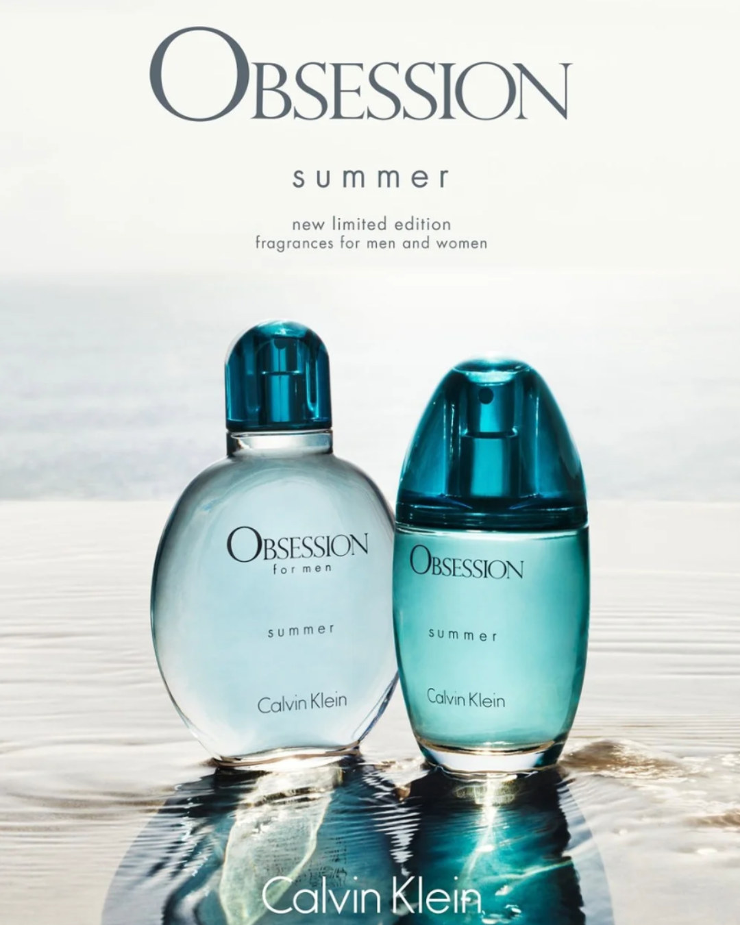 Two bottles of Calvin Klein obsession summer cologne in front of a beach setting with water and horizon, promoting a limited edition fragrance.