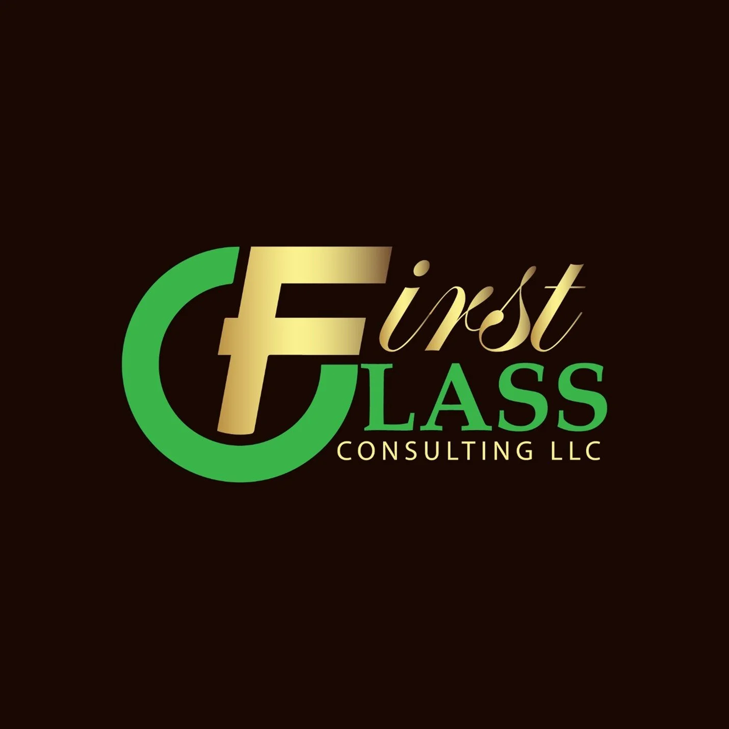 Logo for 'First Class Consulting LLC' featuring a large green circle with a gold and black stylized 'F' and elegant gold and green text on a black background.