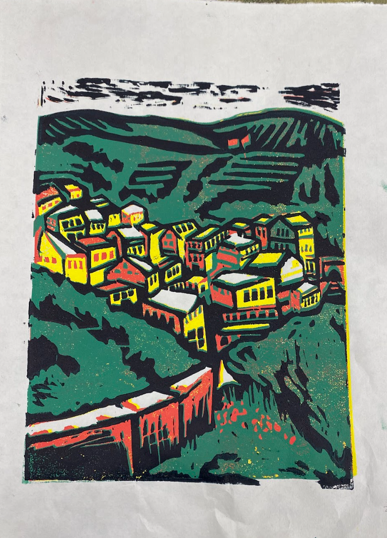 8:49 AM EST, Linocut print, 2026
