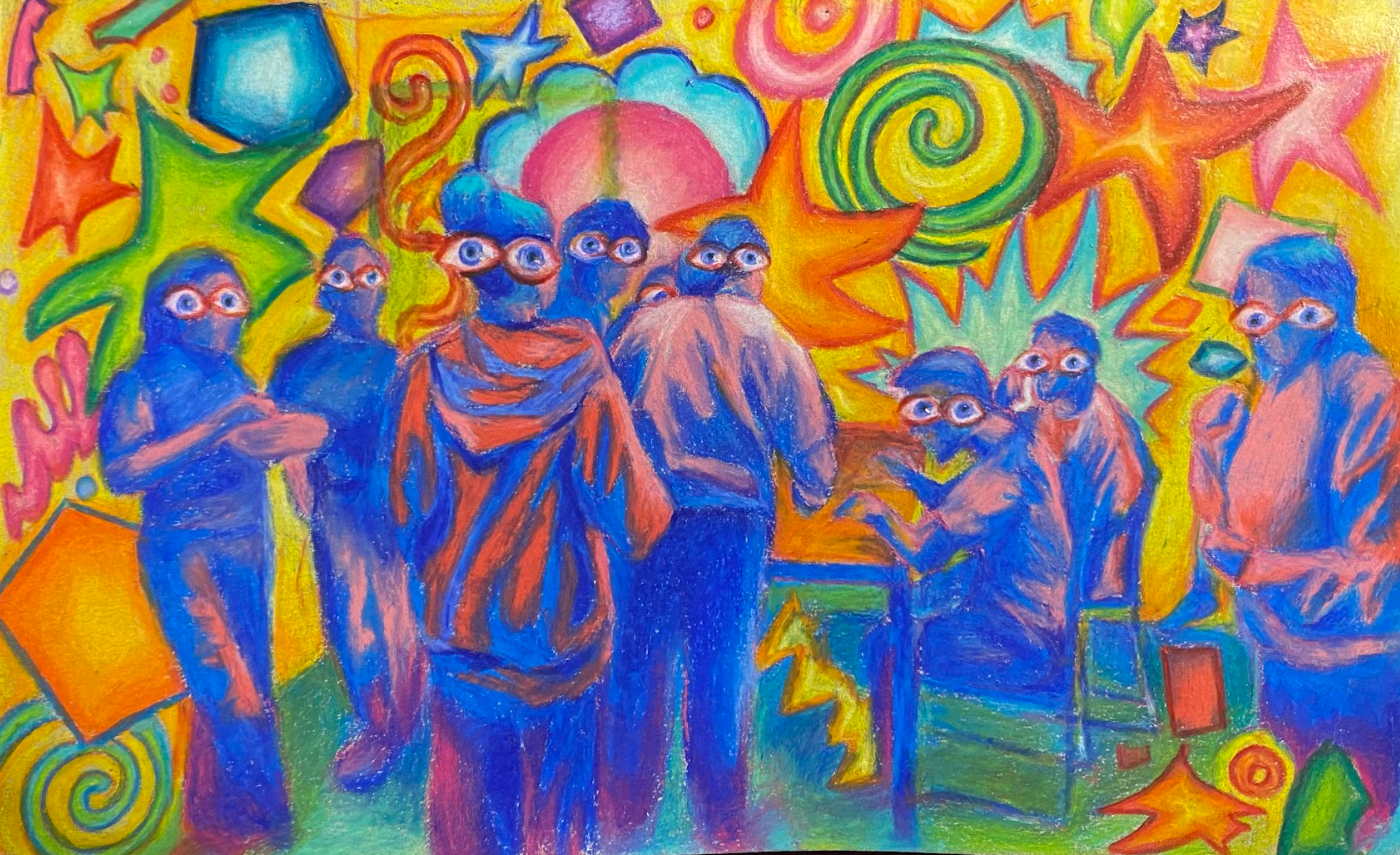 The Dramatized Point of View and Contradictory Nature of a People Person with Social Anxiety 
Colored pencil on toned gray paper
2025