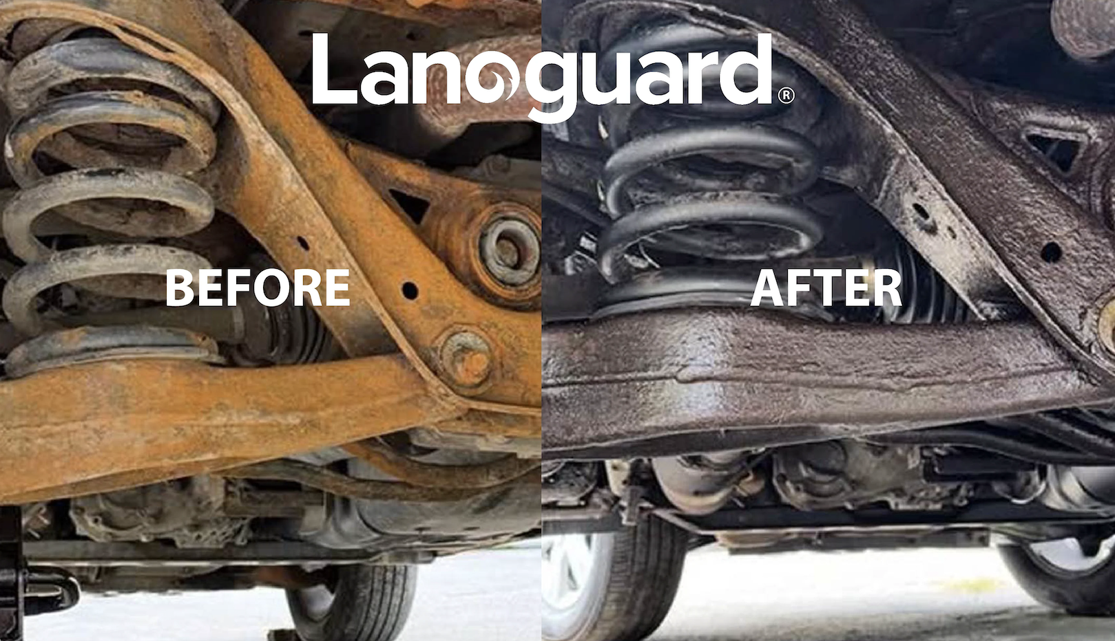 Side-by-side comparison of a vehicle's undercarriage with a rusty suspension component labeled 'Before' on the left and a clean, rust-free suspension on the right labeled 'After'.
