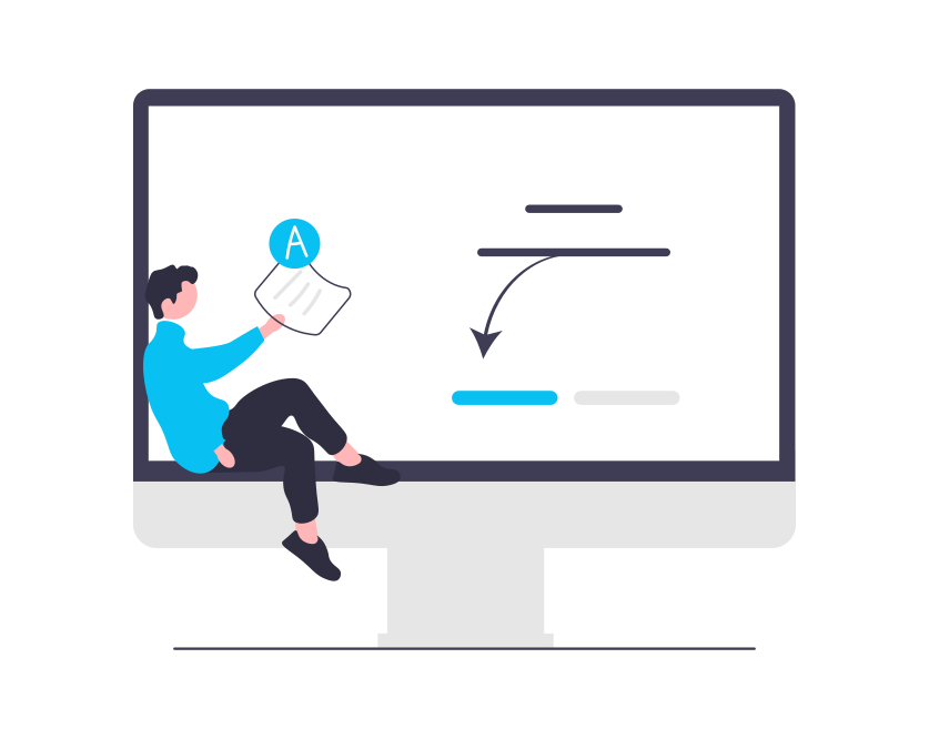Digital illustration of a person sitting on the edge of a desktop monitor, holding a paper labeled 'A,' with graphical elements representing a process or workflow on the screen.