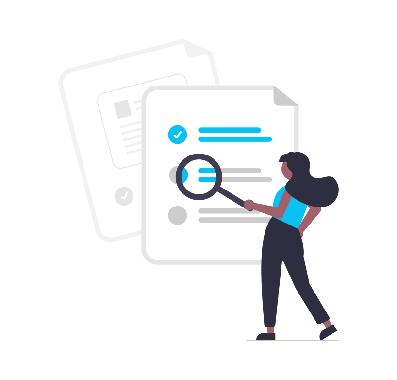 Illustration of a woman examining documents with a magnifying glass in front of two overlapping documents.