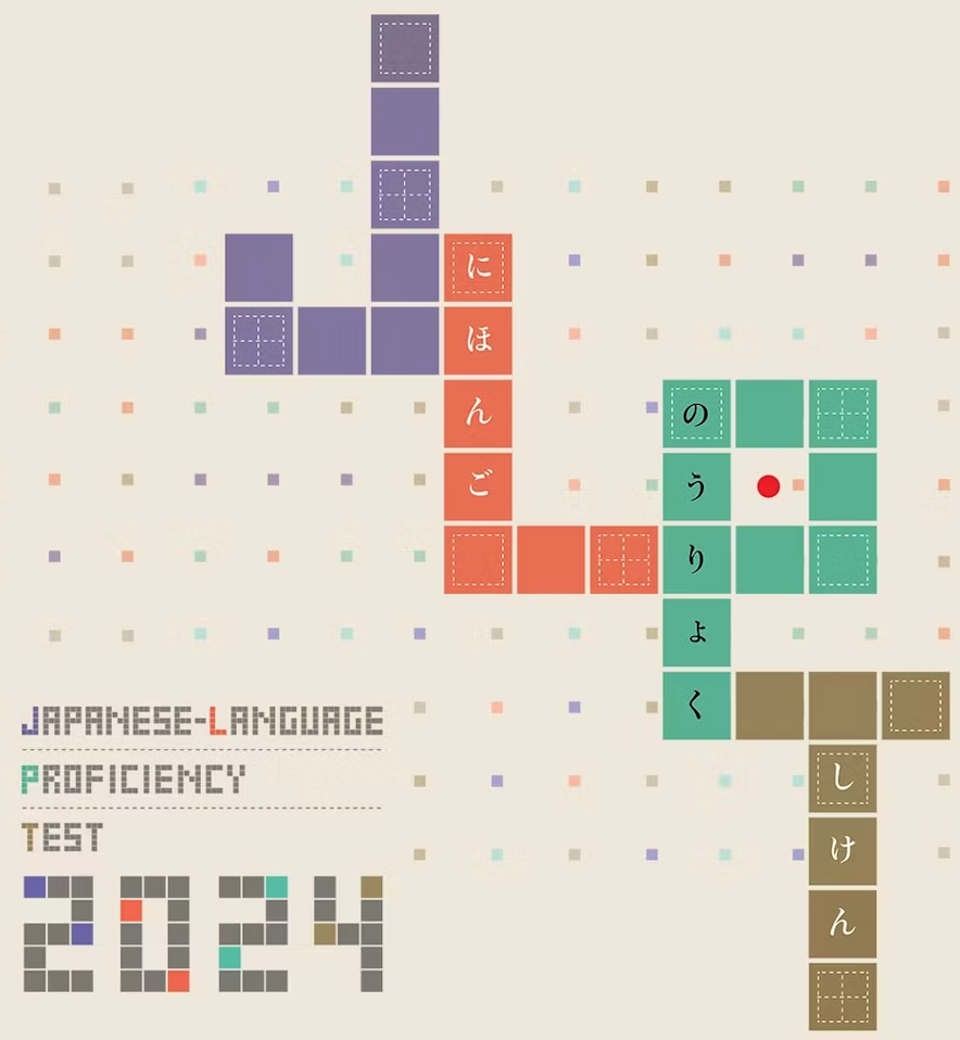 A colorful digital crossword puzzle-style chart with Japanese characters and words, organized by proficiency levels. The puzzle includes colored blocks representing different Japanese words and characters, with some blocks containing dotted outlines for fill-in. The bottom left corner displays the numbers 2124, and the bottom text reads 'Japanese Language Proficiency Test'.