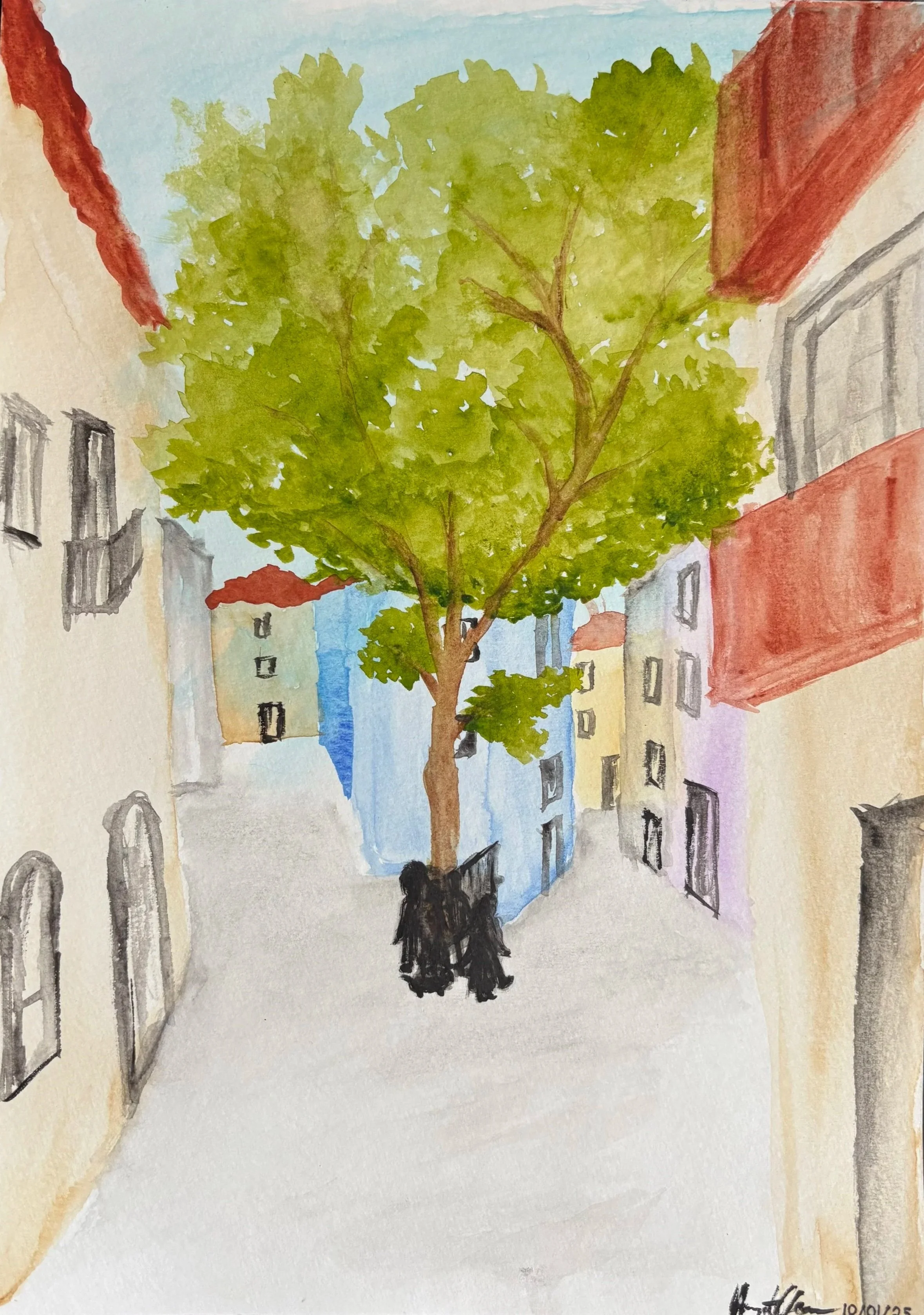 Lisbon Street Corner, watercolor on canvas