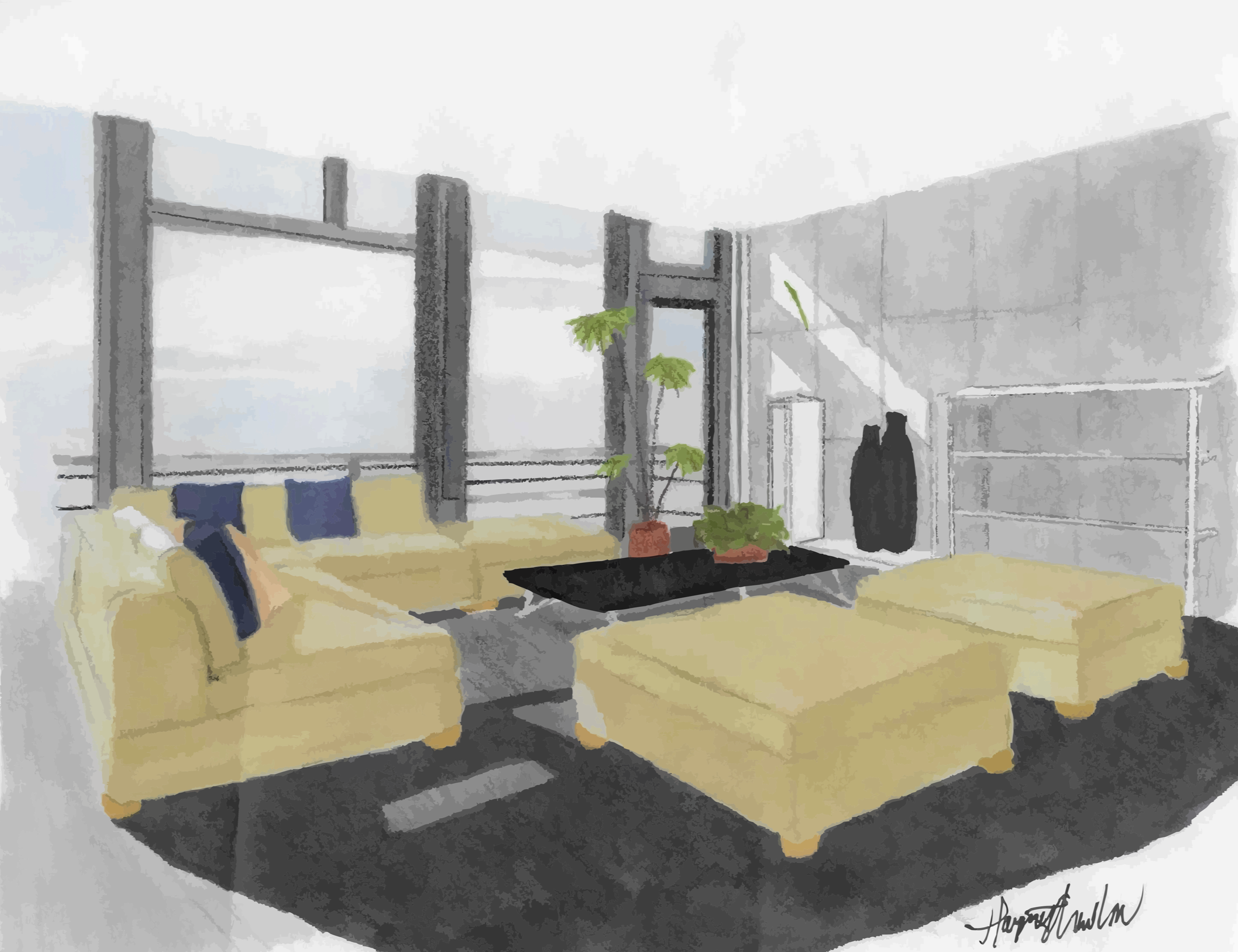 Contemporary Living Room, solvent-based marker on paper