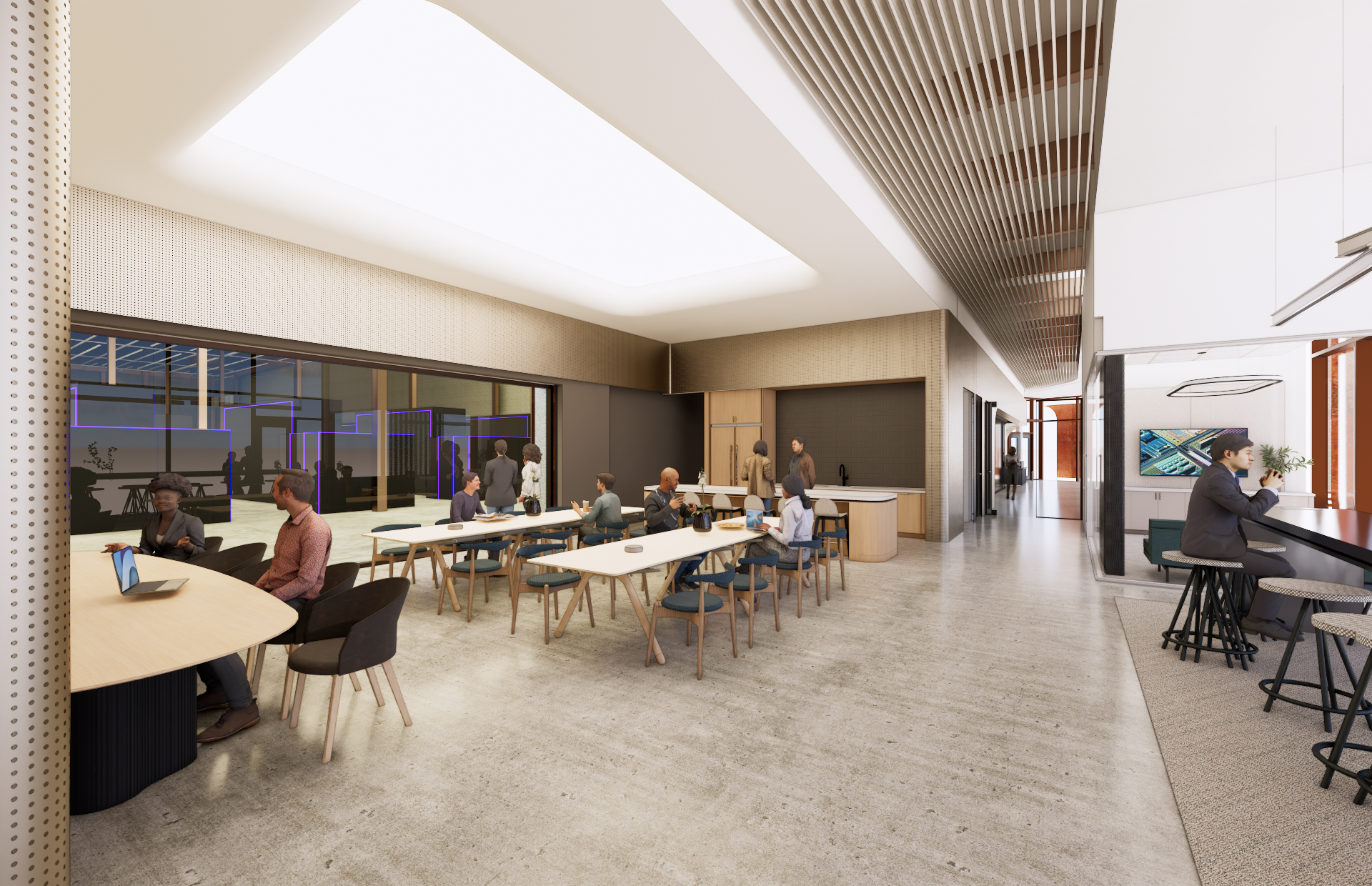 Work cafe: featuring a viewing window into the QC OPS facility