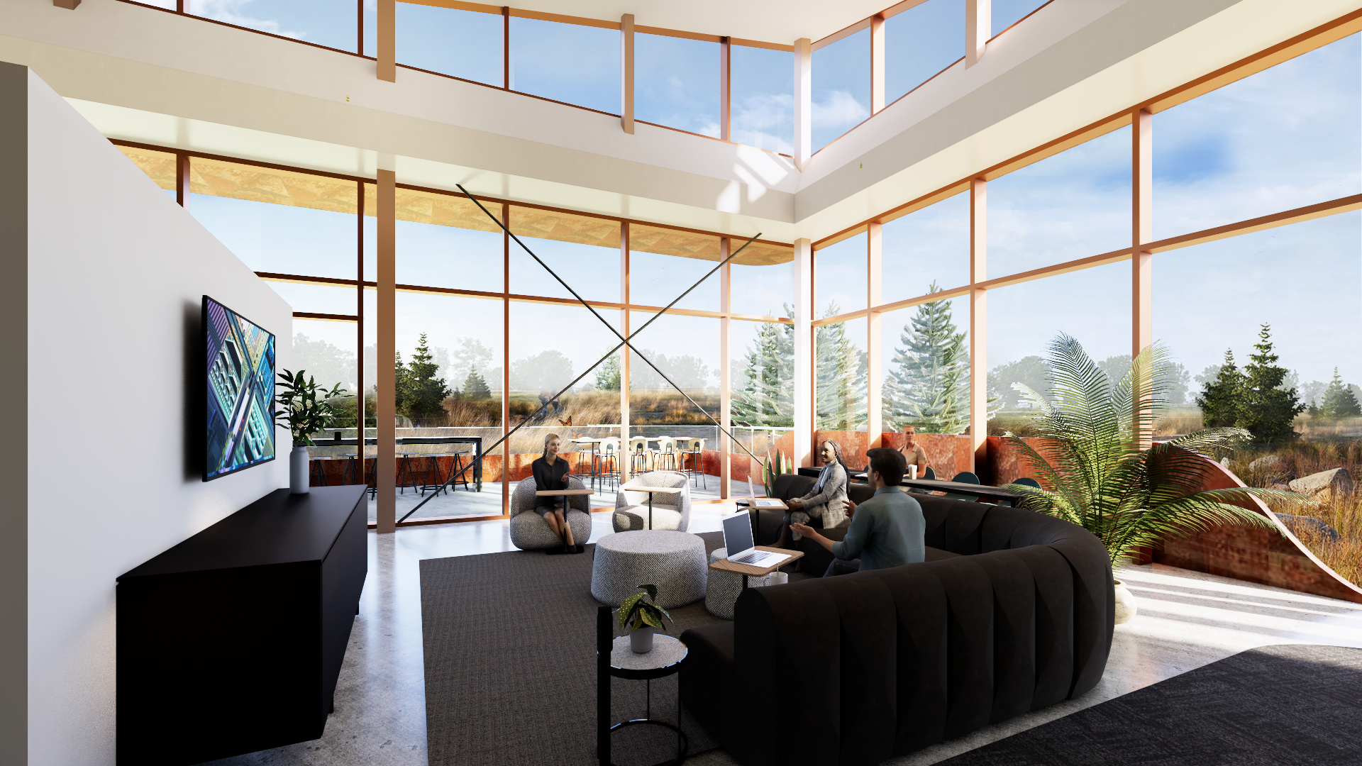 Work lounge:

Defined by a glazed facade, this sleek interior is filled with abundant natural daylight while capturing expansive landscape views.