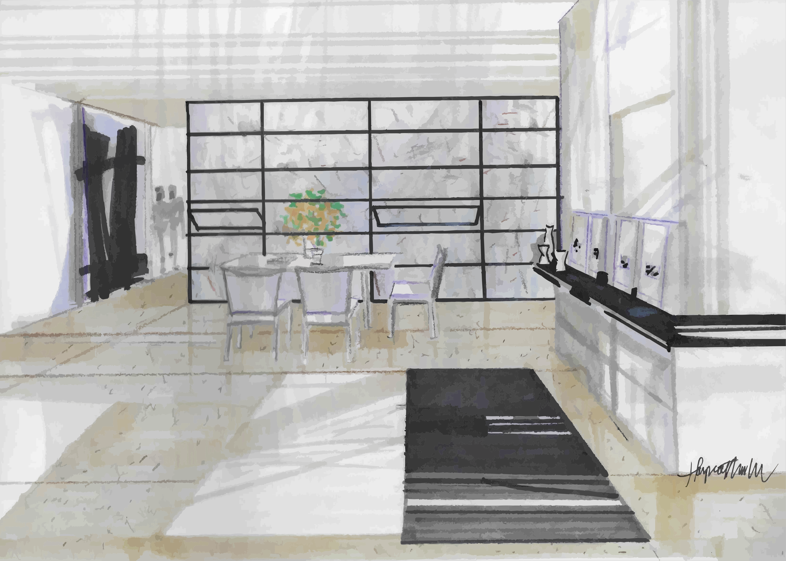 Loft Dining Room, solvent-based marker on paper