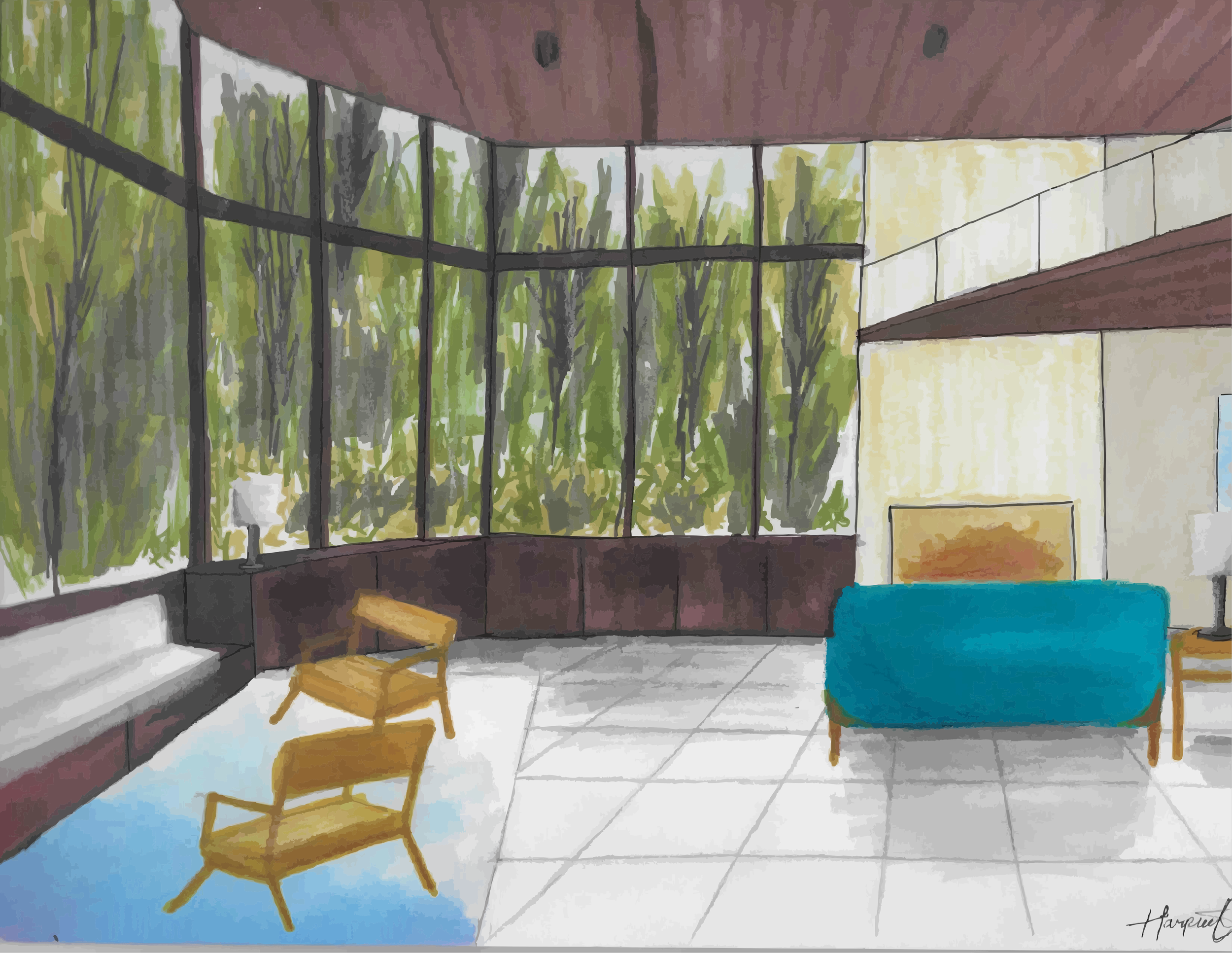 Contemporary Interior Framed by Nature, solvent-based marker on paper