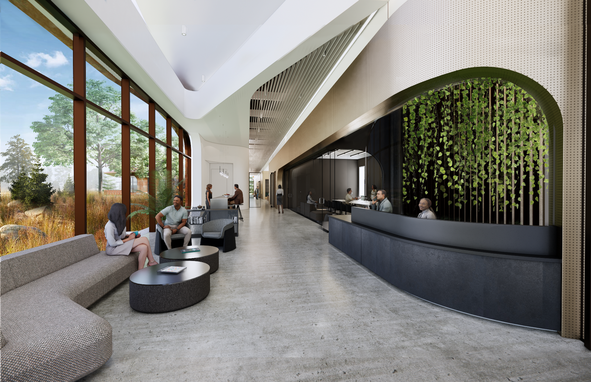 Welcome:

The reception area integrates biophilic elements and curvilinear forms to guide movement through the sequence of spaces.