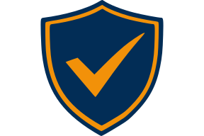 A shield-shaped emblem with a blue background and an orange check mark in the center.